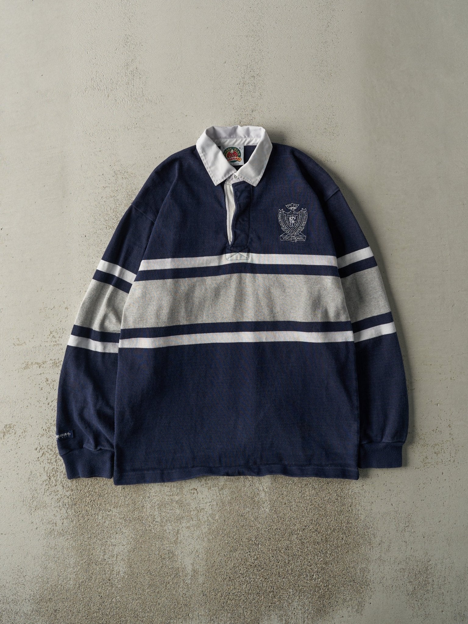 Vintage 90s Navy, Grey & White Kingston Collegiate Institute Rugby Shirt (M)