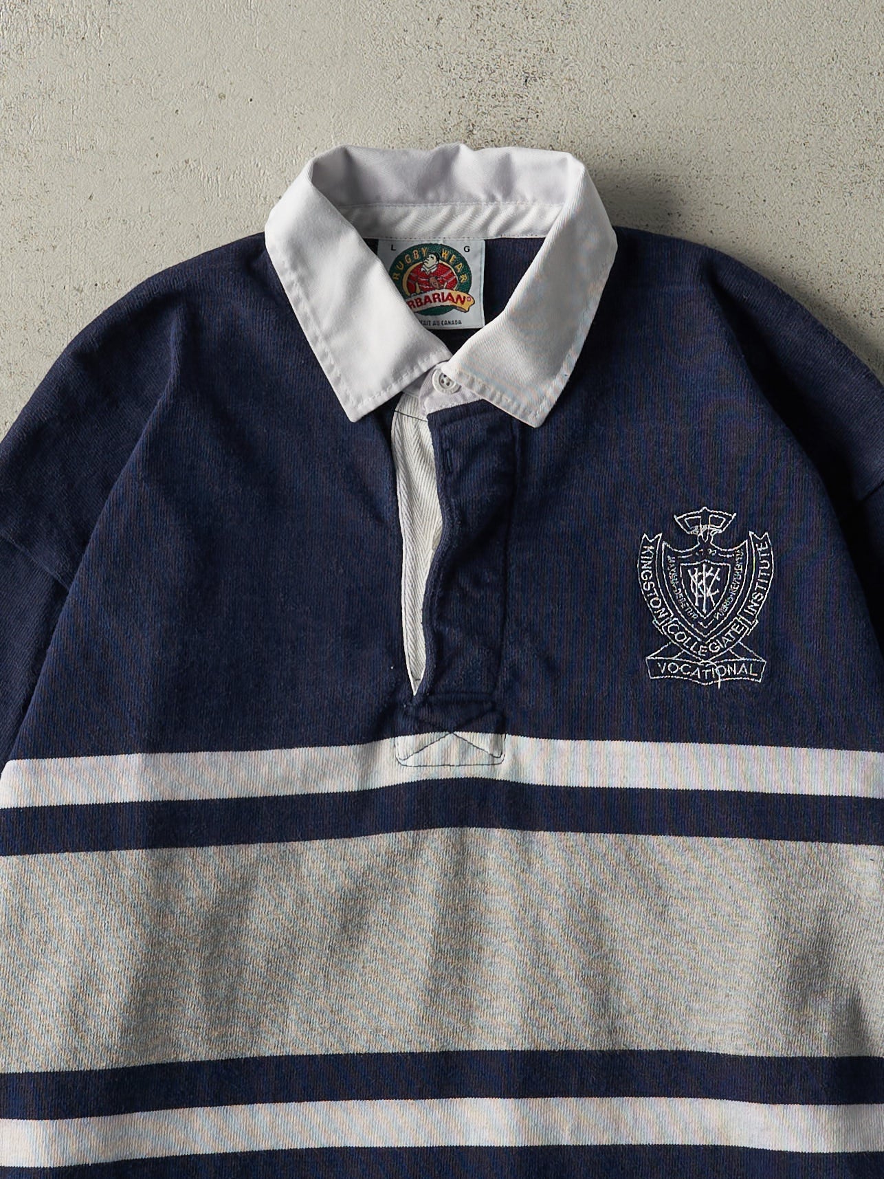 Vintage 90s Navy, Grey & White Kingston Collegiate Institute Rugby Shirt (M)