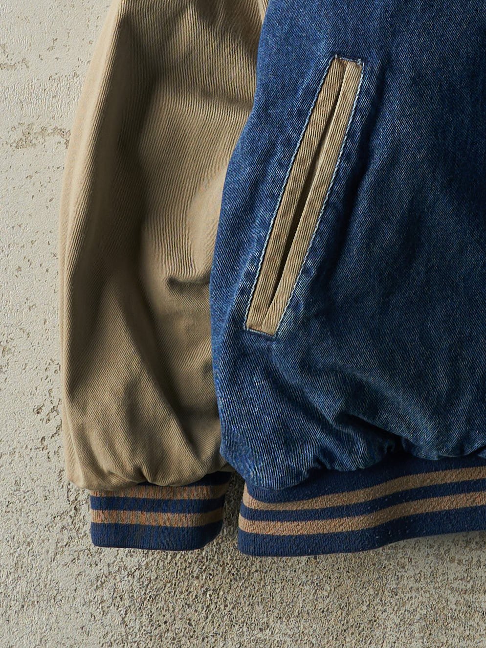 Vintage 90s Mid Wash & Beige Denim Varsity Bomber Jacket (L/XL)