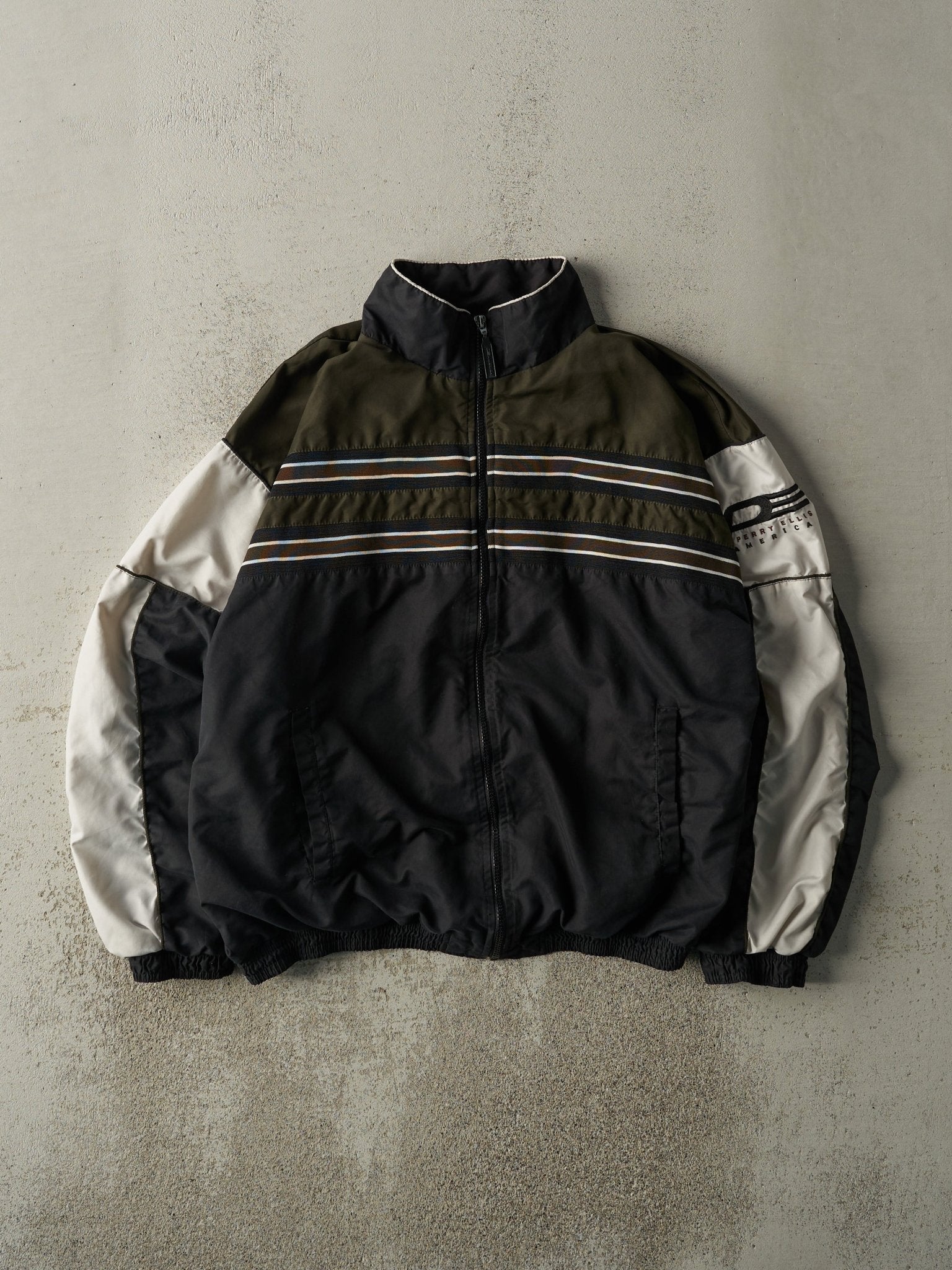 Vintage 90s Black, Green & White Perry Ellis Windbreaker Jacket (L)