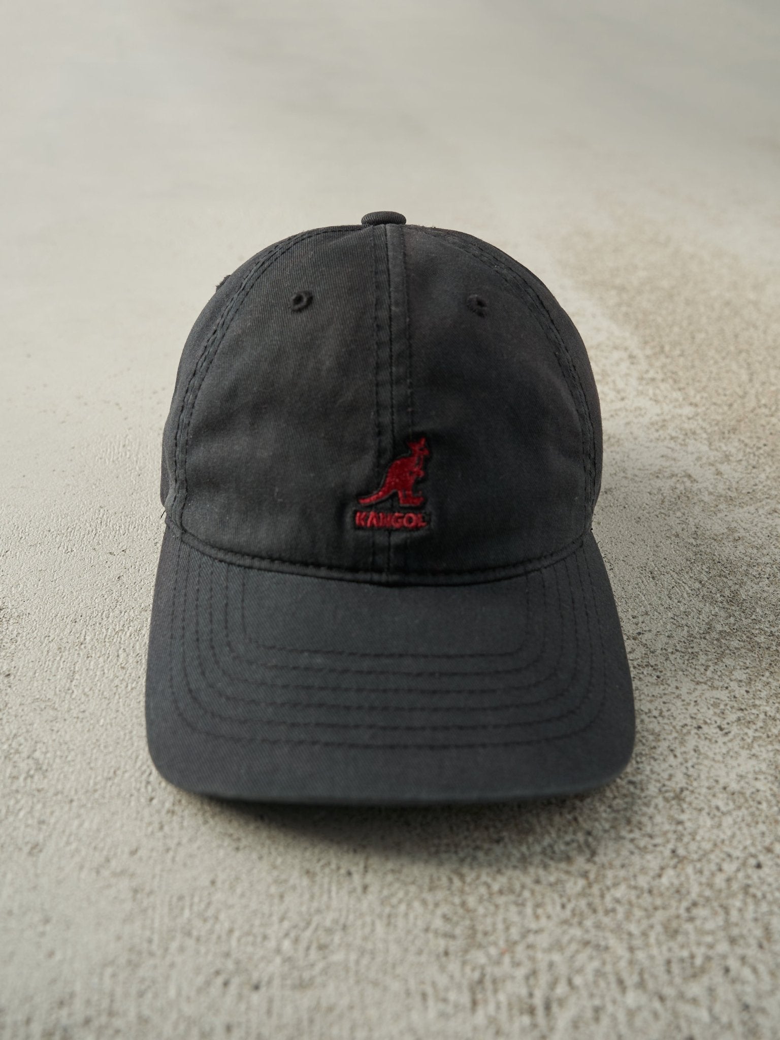Vintage 90s Black Embroidered Kangol Leather Strapback Hat