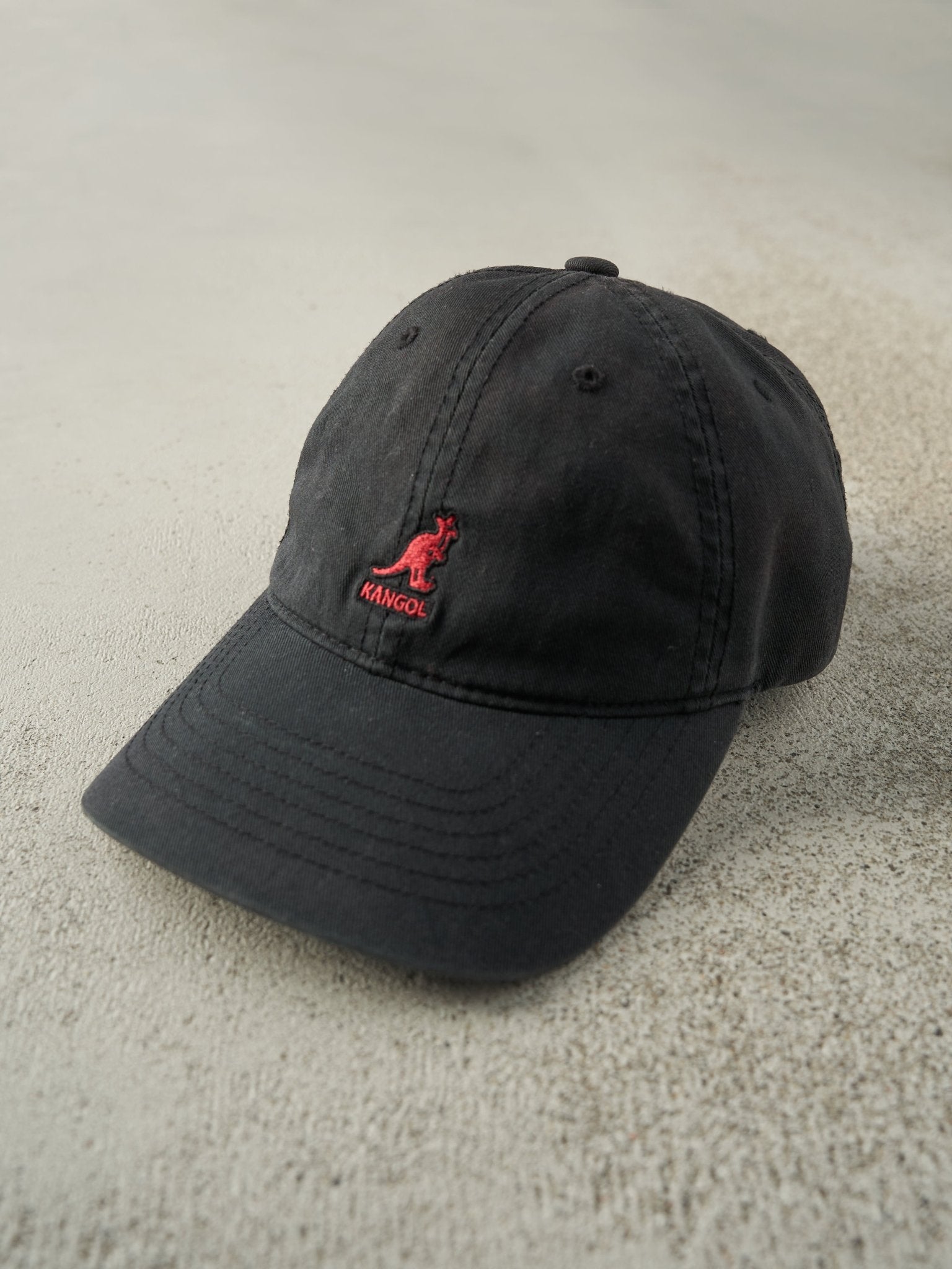 Vintage 90s Black Embroidered Kangol Leather Strapback Hat