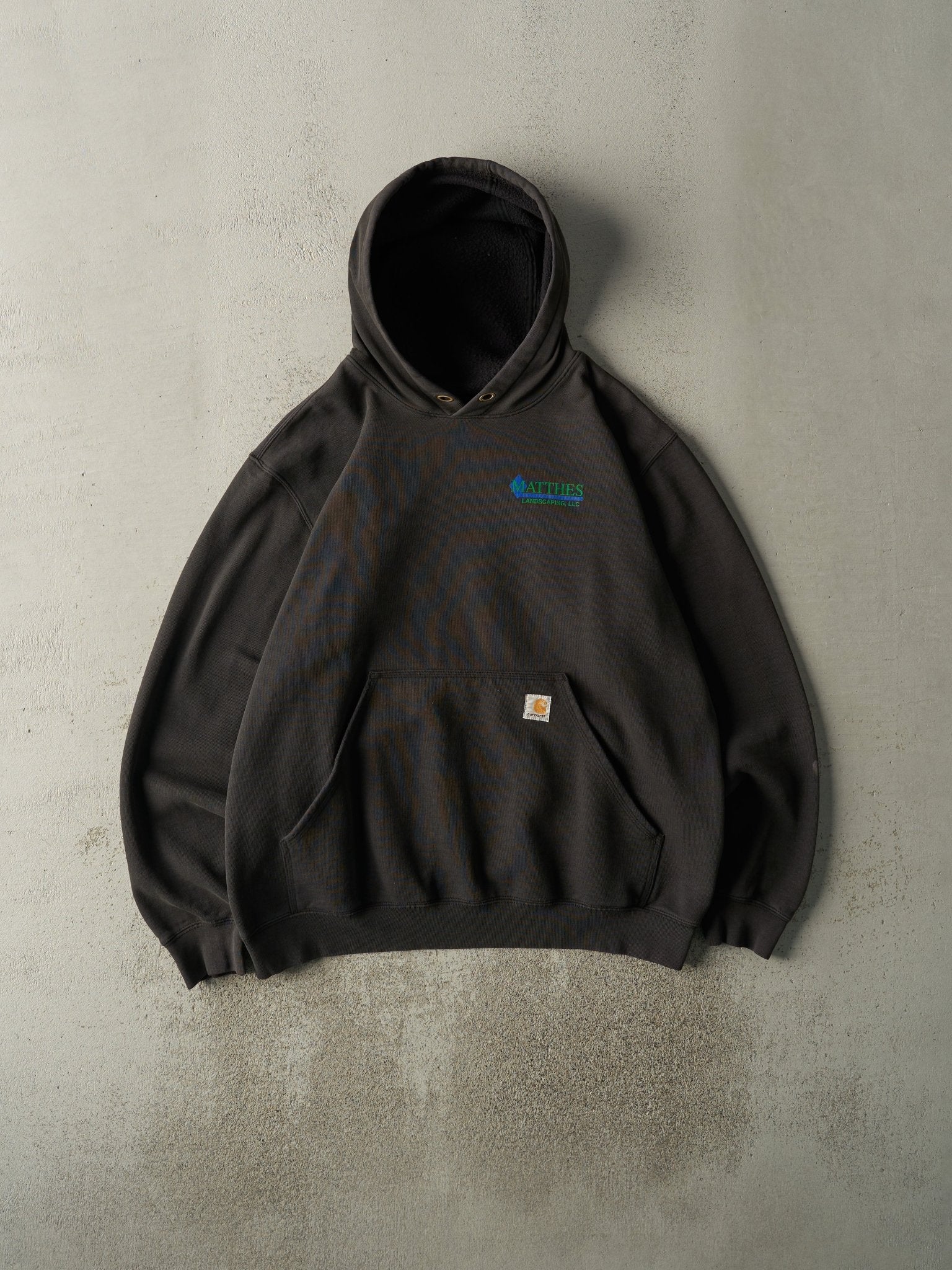 Vintage Y2K Faded Black Carhartt Graphic Hoodie (L/XL)