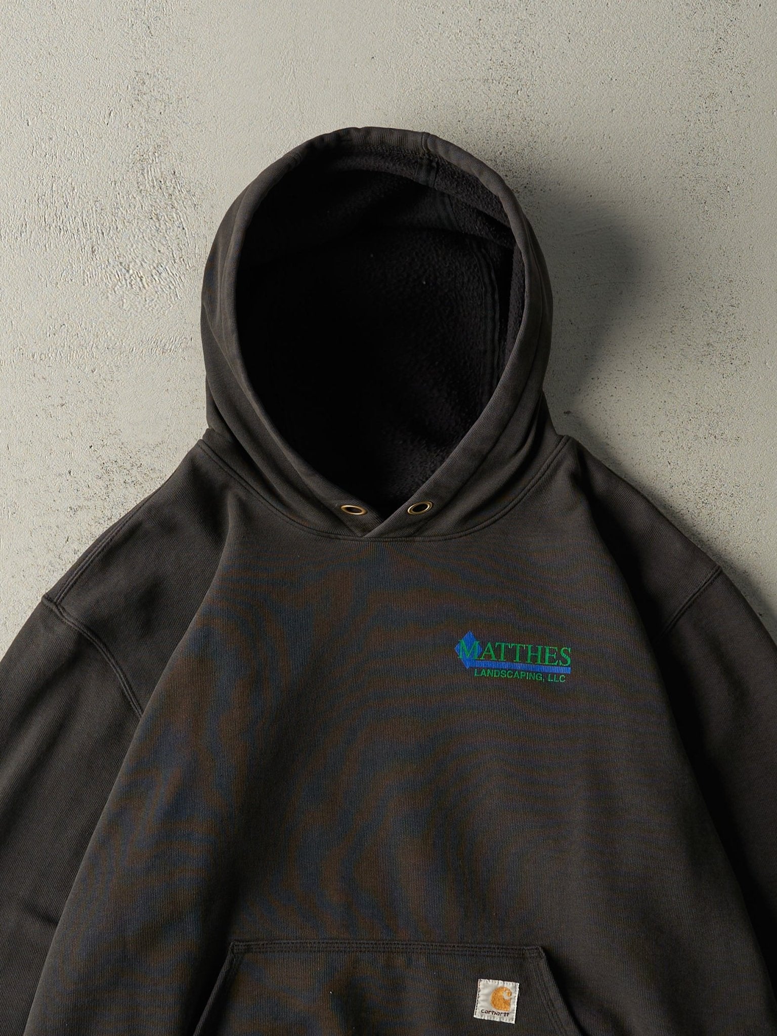 Vintage Y2K Faded Black Carhartt Graphic Hoodie (L/XL)