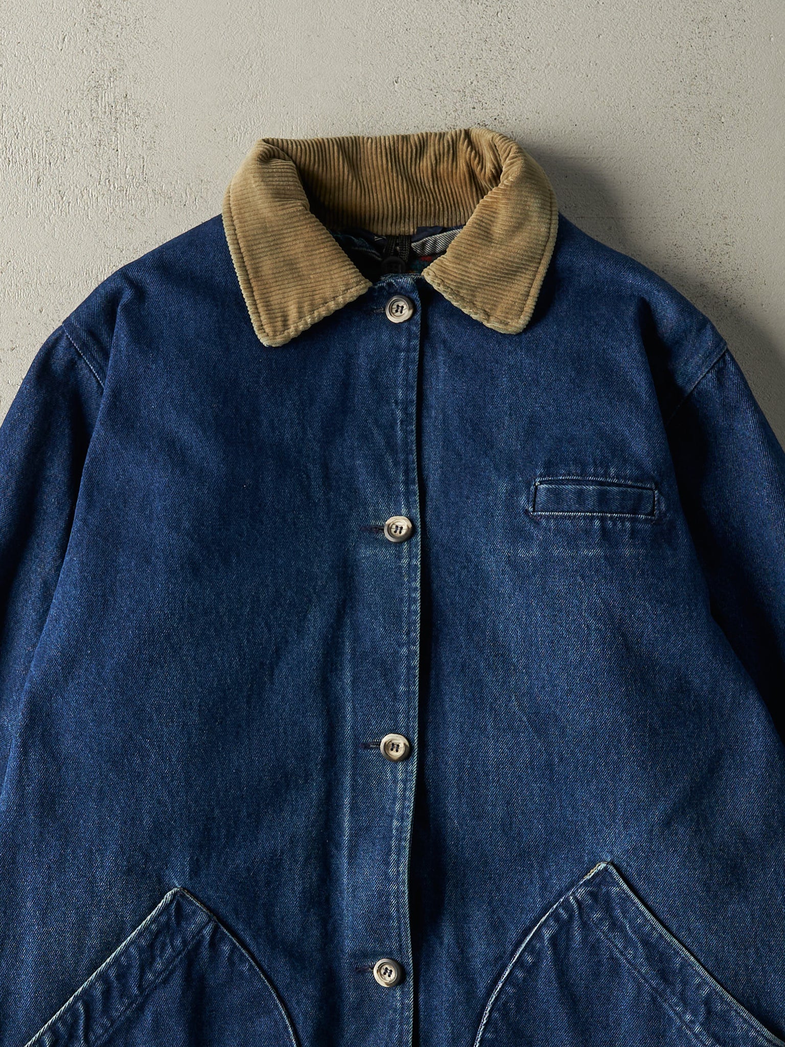 Vintage 90s Dark Wash Wool Blanket Lined Denim Barn Jacket (L)