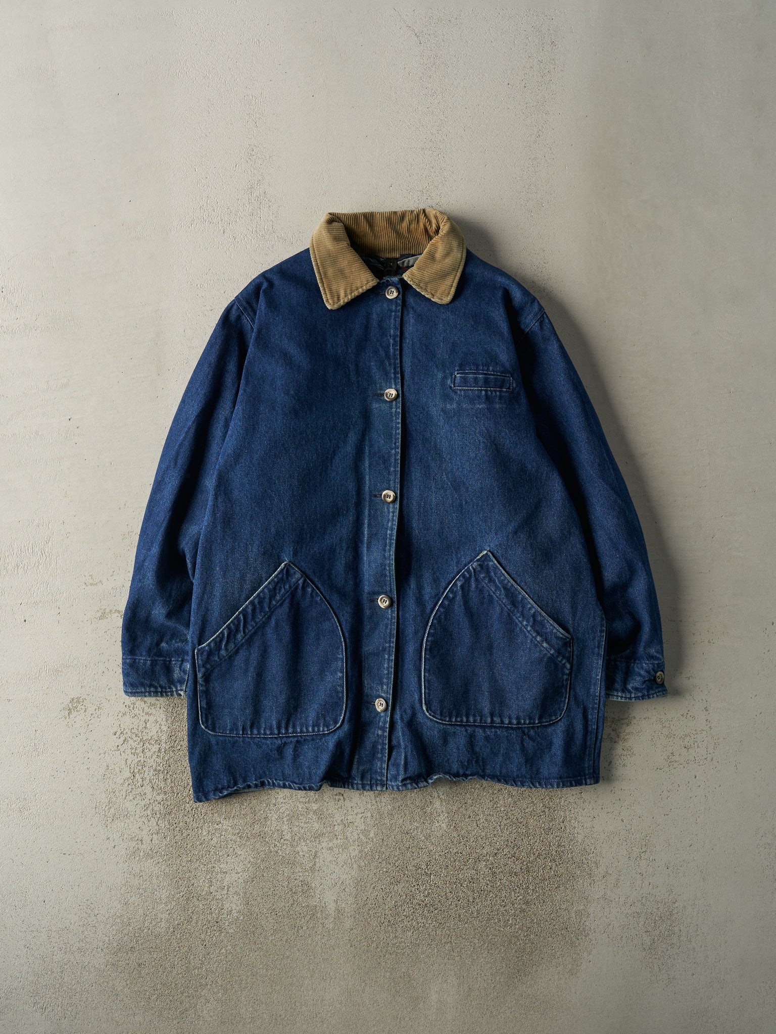 Vintage 90s Dark Wash Wool Blanket Lined Denim Barn Jacket (L)