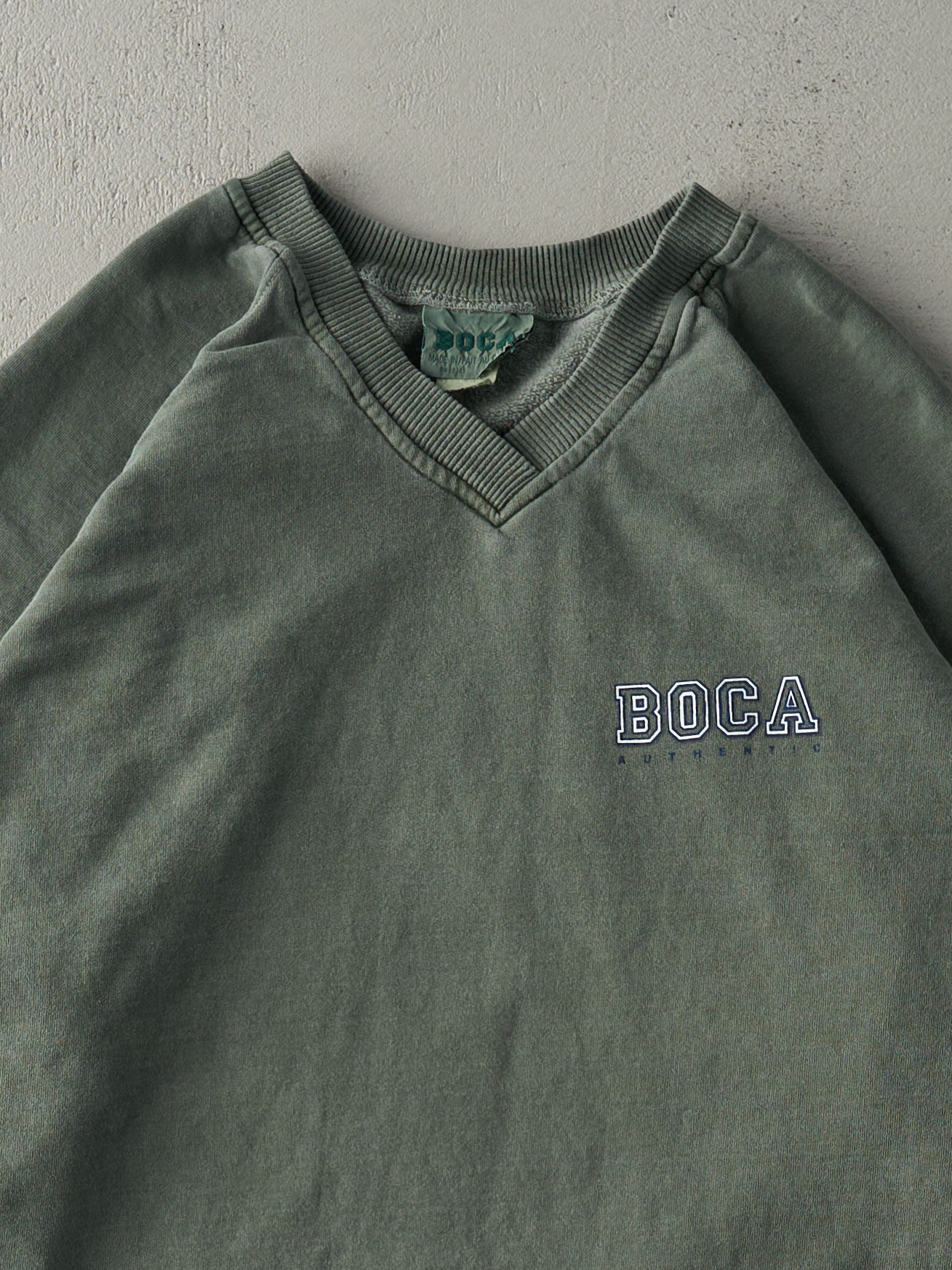 Vintage 90s Washed Green Boca V Neck Crewneck (XL)