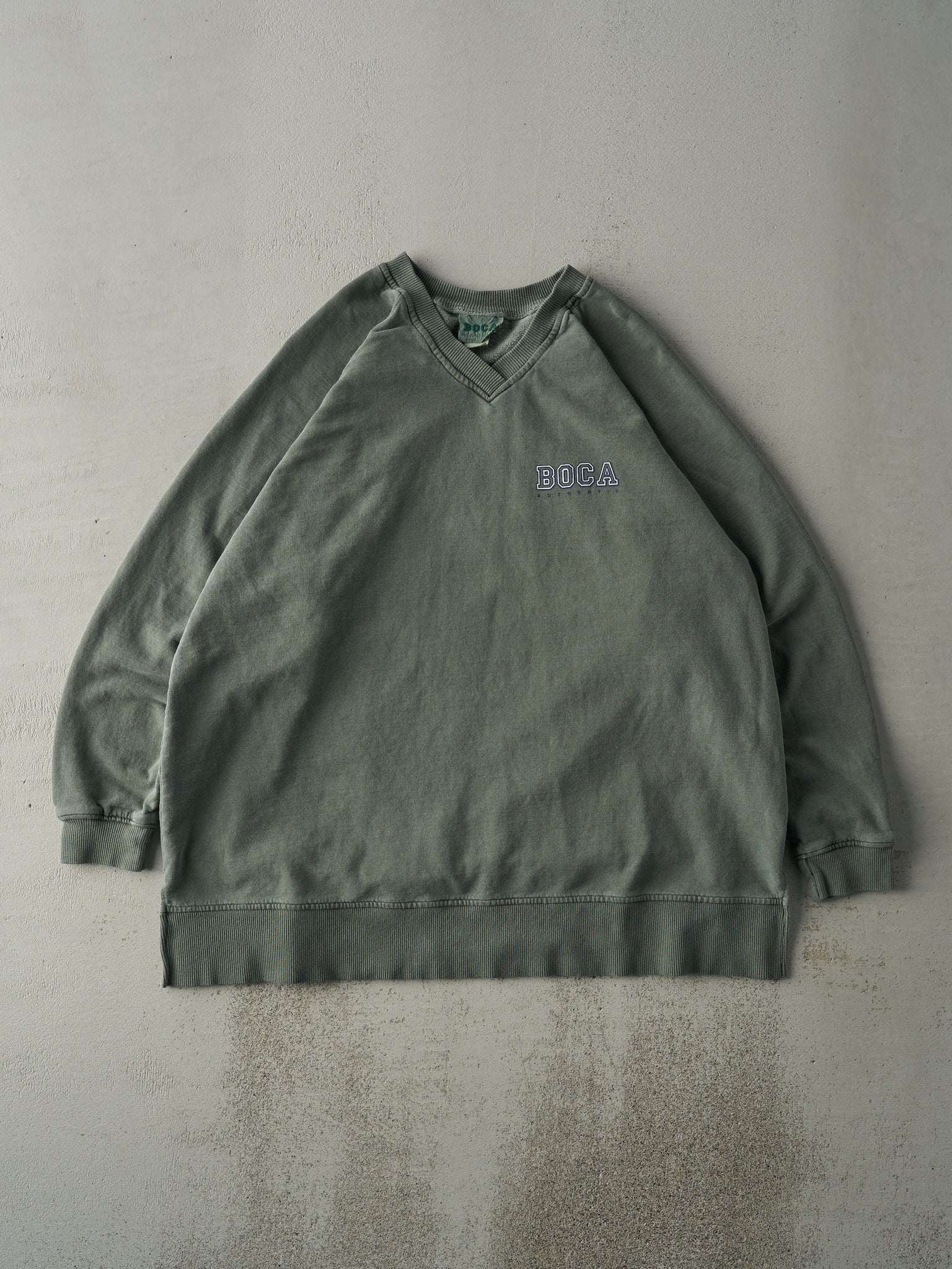 Vintage 90s Washed Green Boca V Neck Crewneck (XL)