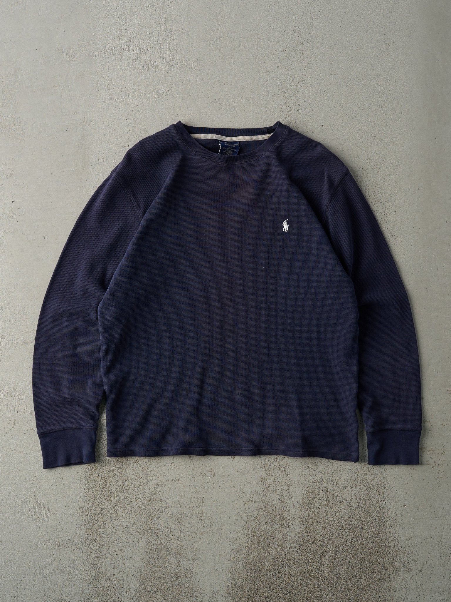Vintage Y2K Navy Blue Waffle Knit Polo Ralph Lauren Long Sleeve (M)
