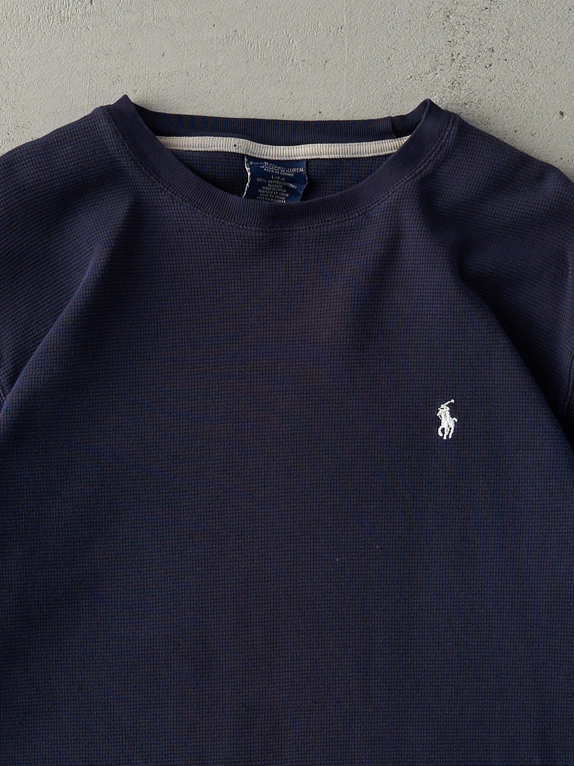 Vintage Y2K Navy Blue Waffle Knit Polo Ralph Lauren Long Sleeve (M)
