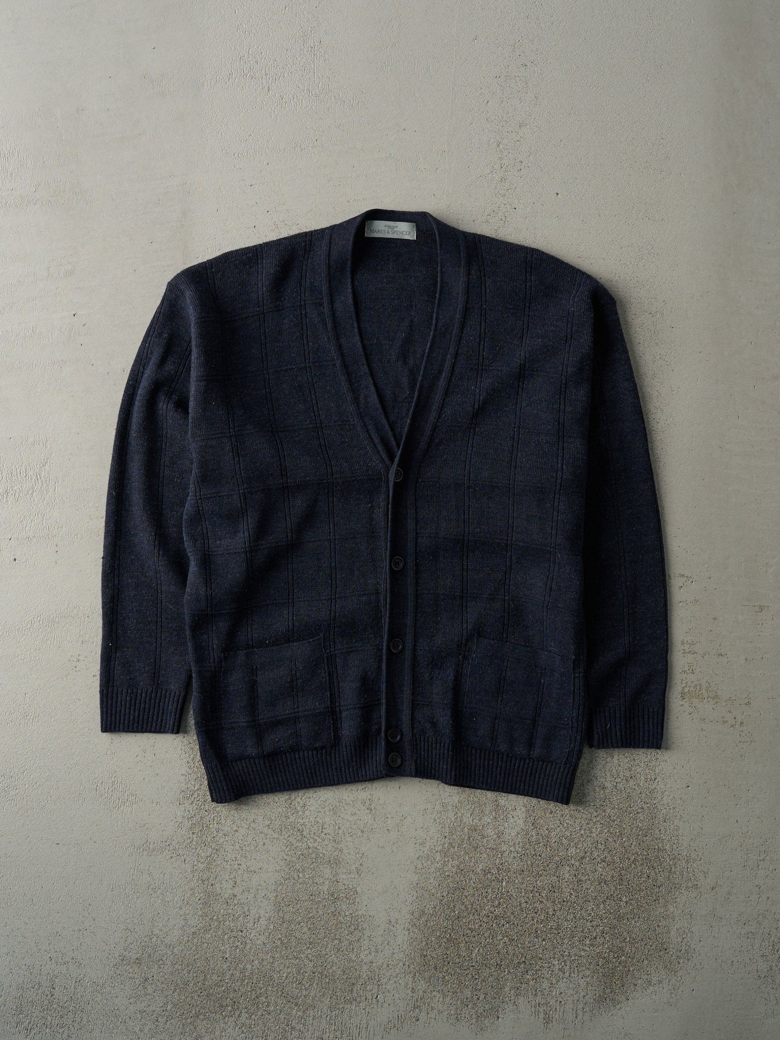 Vintage 90s Navy Blue Patterned Knit Cardigan (M)