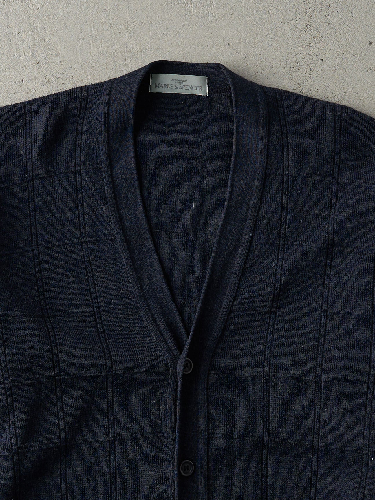 Vintage 90s Navy Blue Patterned Knit Cardigan (M)
