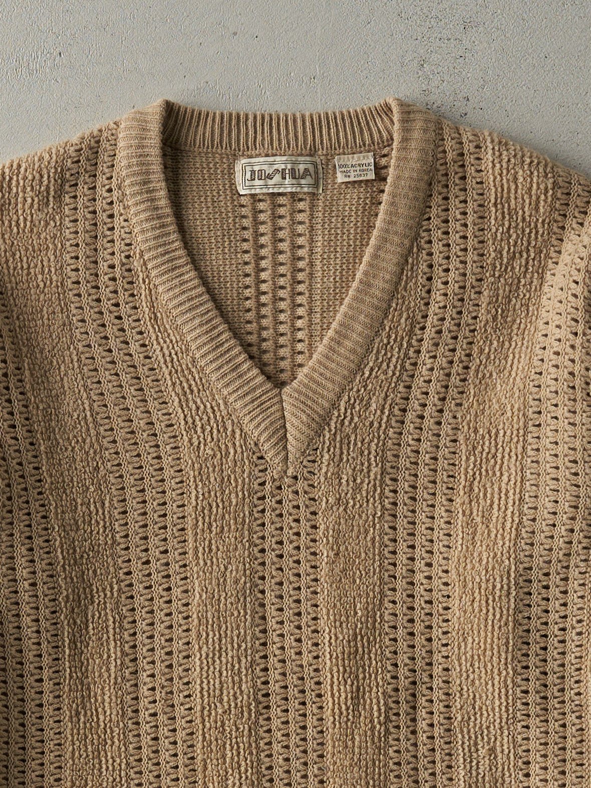 Vintage 80s Beige Joshua V Neck Knit Sweater (M/L)