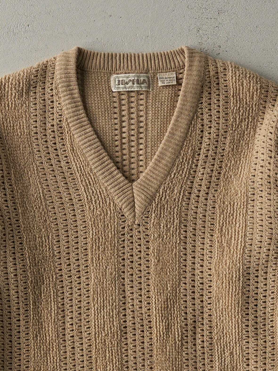 Vintage 80s Beige Joshua V Neck Knit Sweater (M)