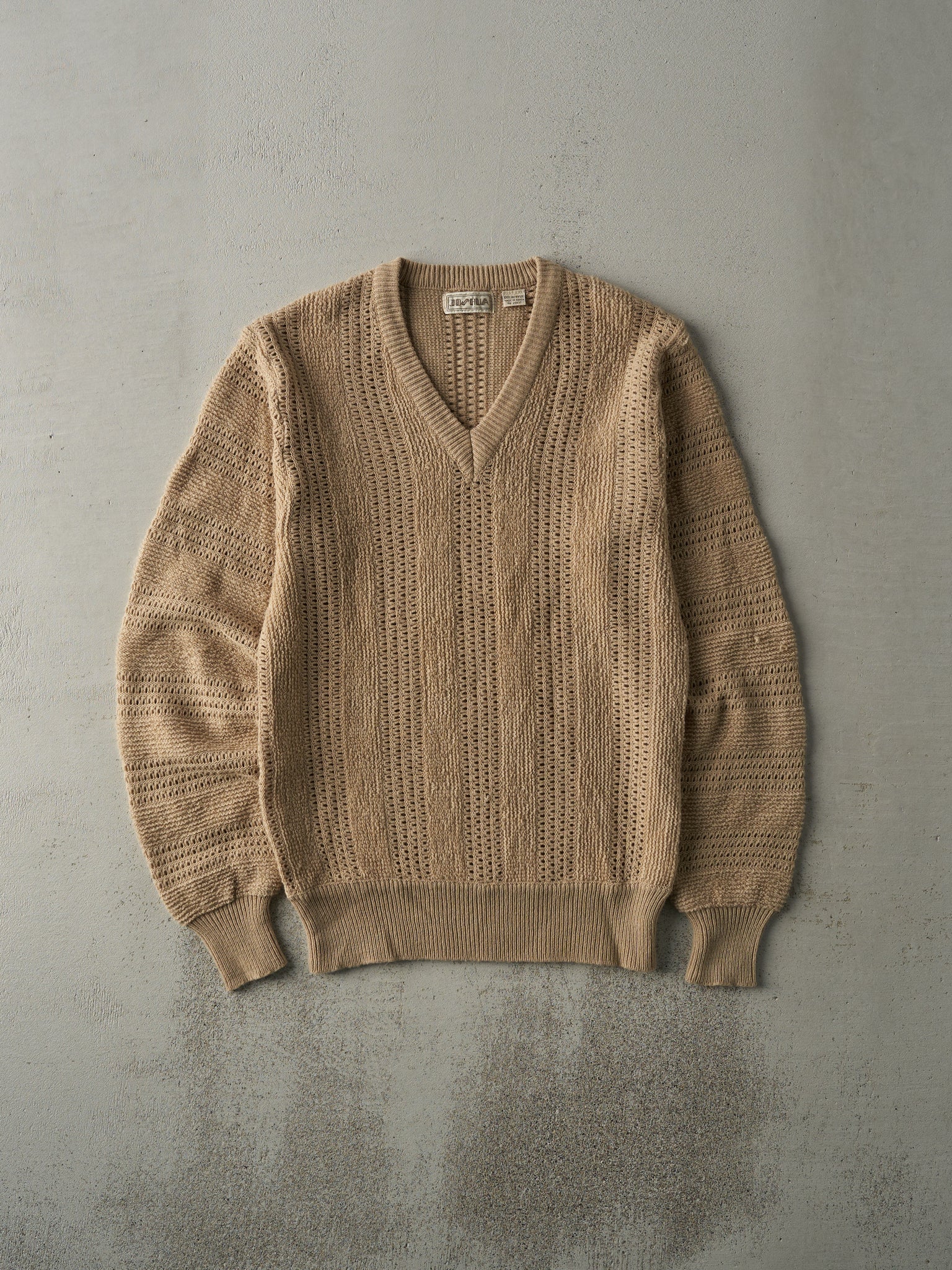 Vintage 80s Beige Joshua V Neck Knit Sweater (M)