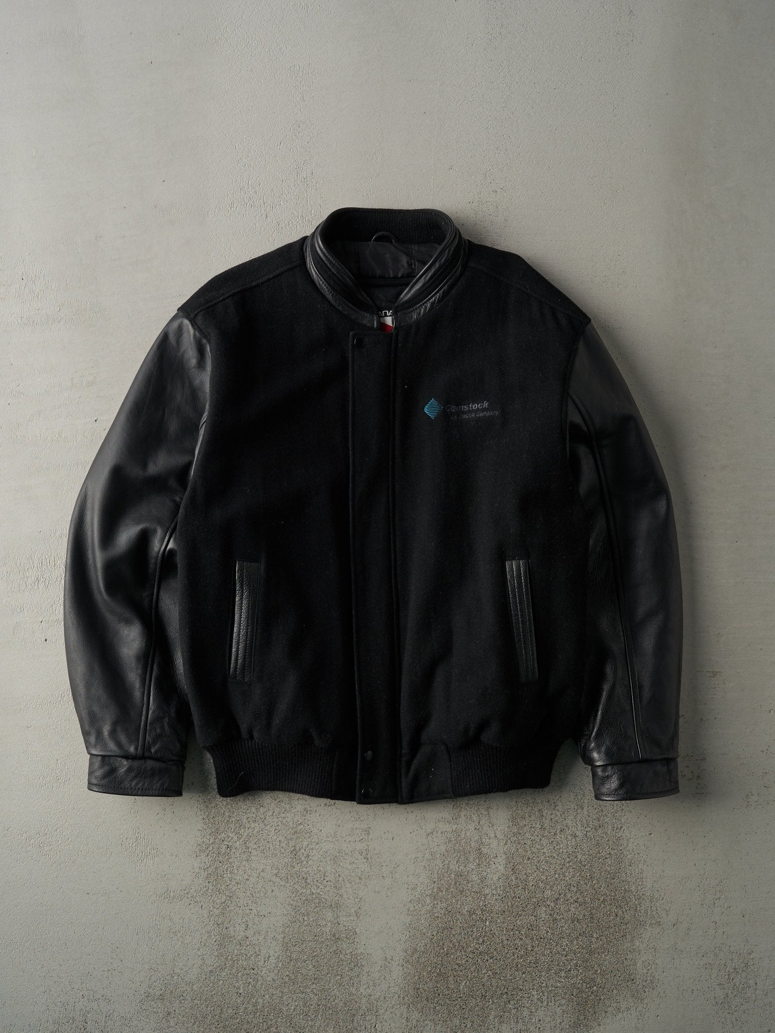 Vintage 90s Black Embroidered Wool and Leather Varsity Jacket (XL)