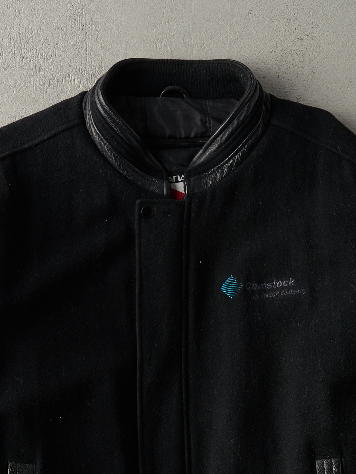 Vintage 90s Black Embroidered Wool and Leather Varsity Jacket (XL)