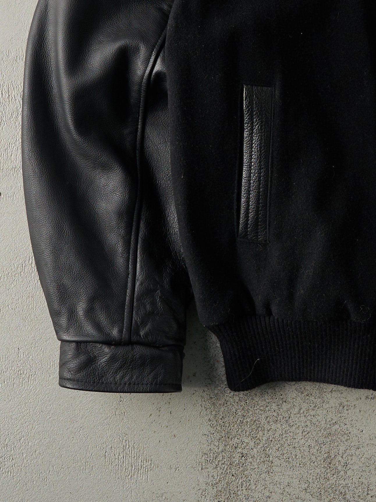 Vintage 90s Black Embroidered Wool and Leather Varsity Jacket (XL)