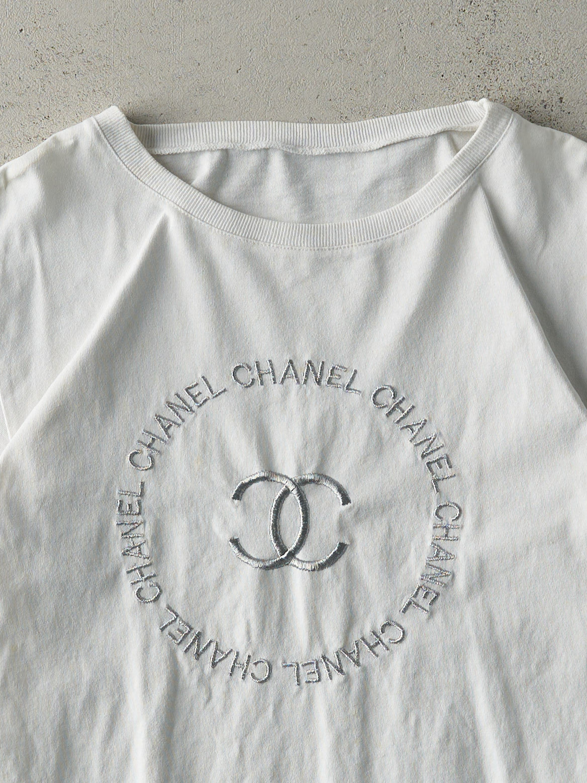 Vintage Y2K White Bootleg Embroidered Chanel Tee (S)