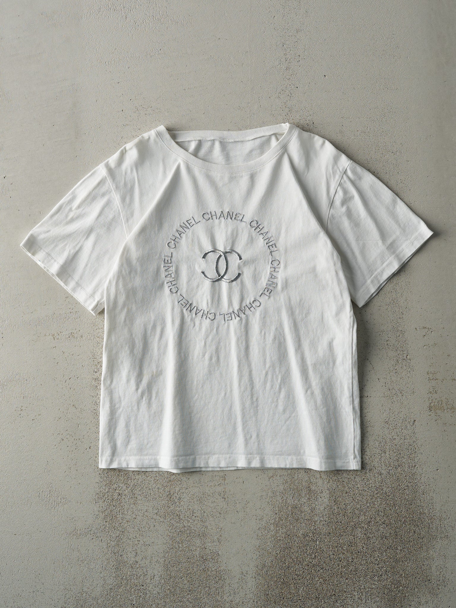 Vintage Y2K White Bootleg Embroidered Chanel Tee (S)