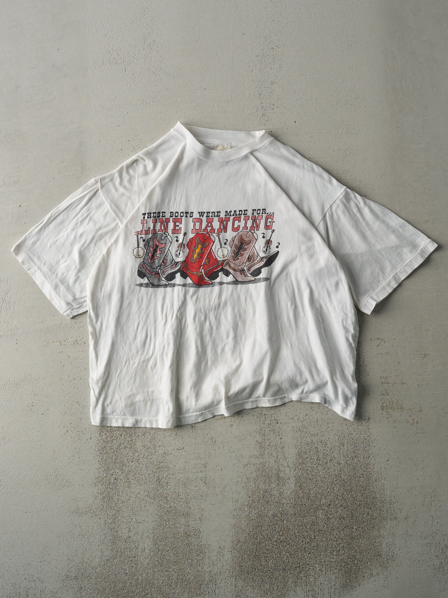 Vintage 90s White Line Dancing Single Stitch Boxy Tee (L)