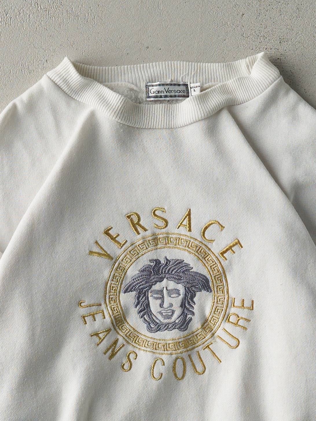 Vintage Y2K White Versace Jeans Embroidered Bootleg Crewneck (M)