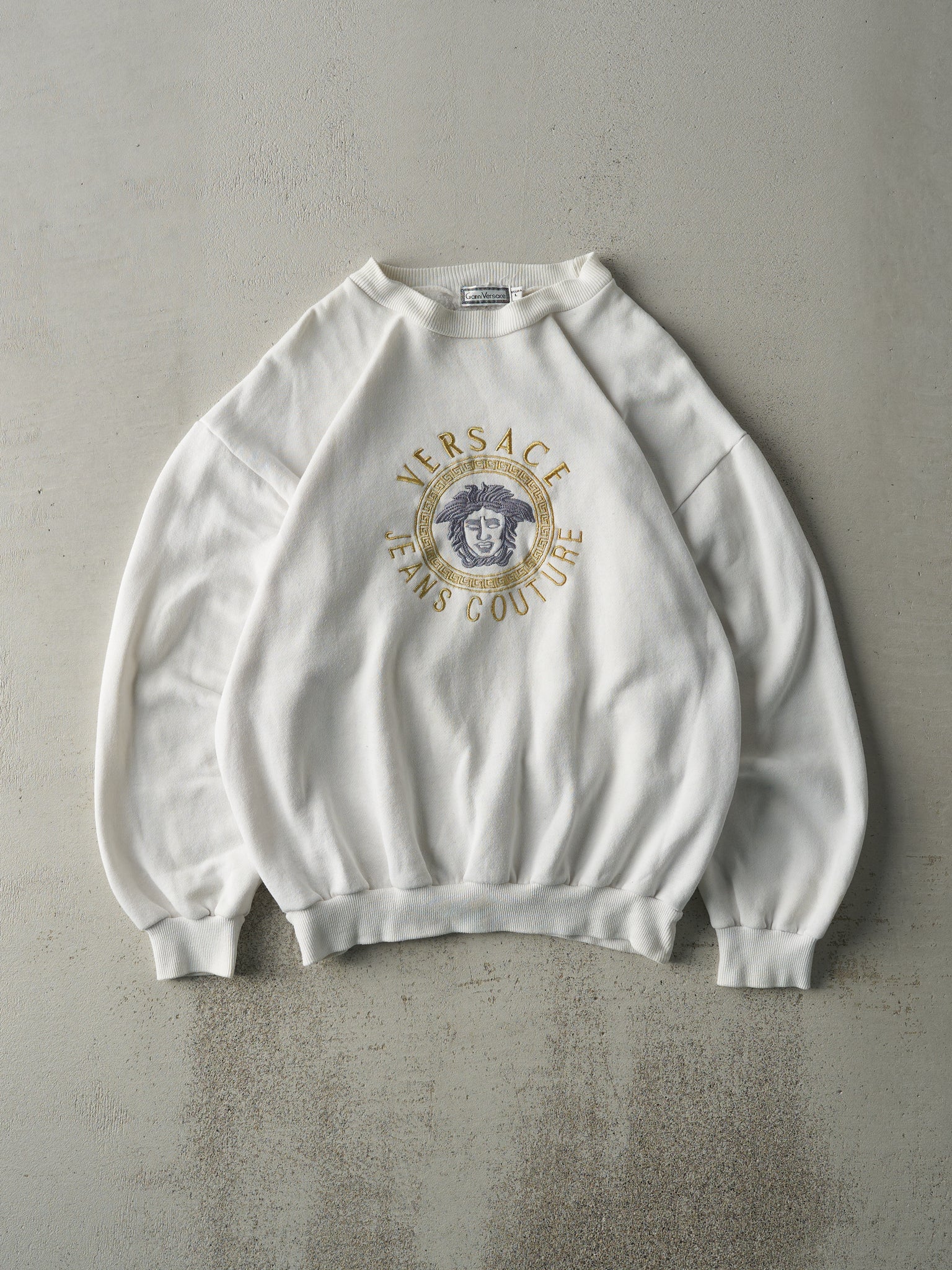 Vintage Y2K White Versace Jeans Embroidered Bootleg Crewneck (M)