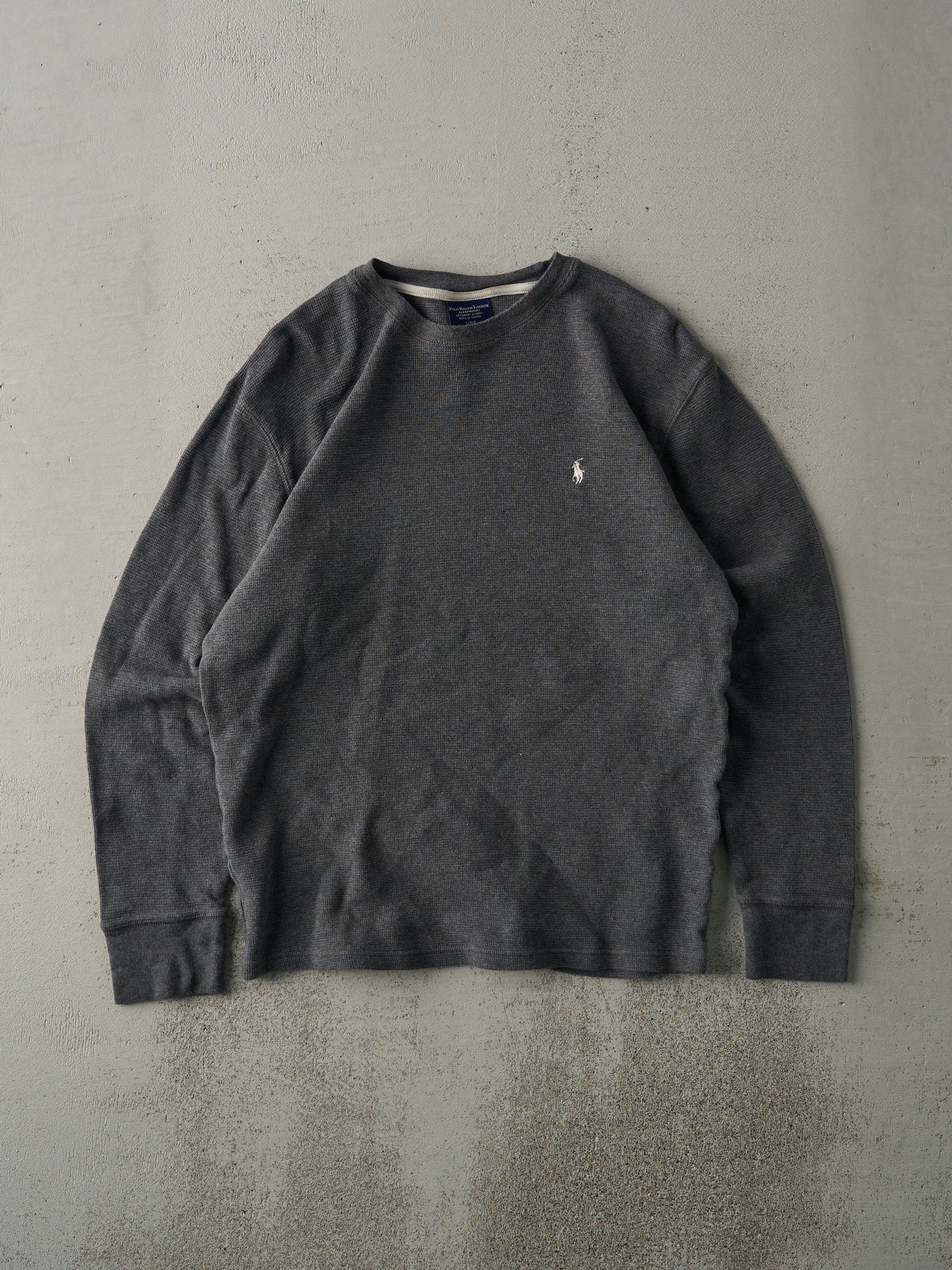 Vintage Y2K Grey Polo by Ralph Lauren Waffle Knit Long Sleeve (M)