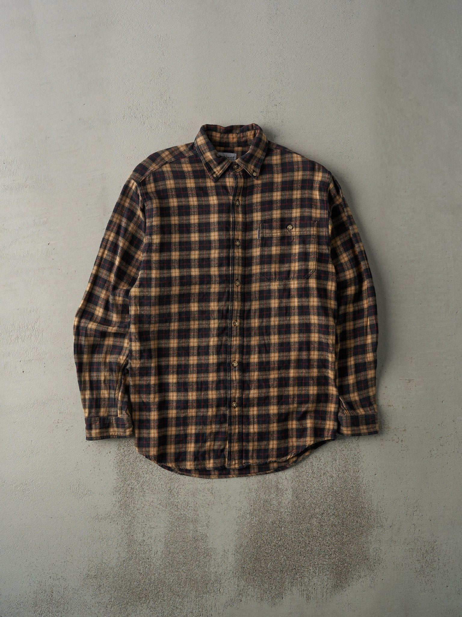 Vintage Y2K Beige and Black Flannel Carhartt Button Up (M)