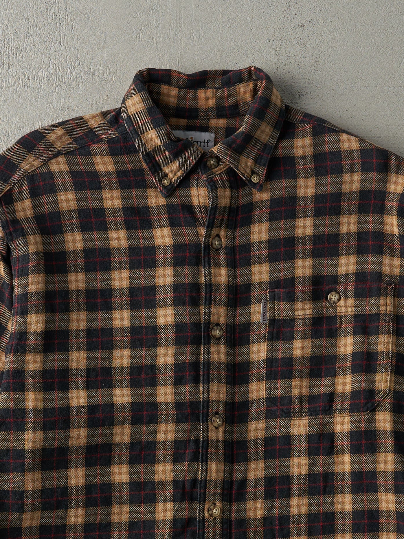 Vintage Y2K Beige and Black Flannel Carhartt Button Up (M)