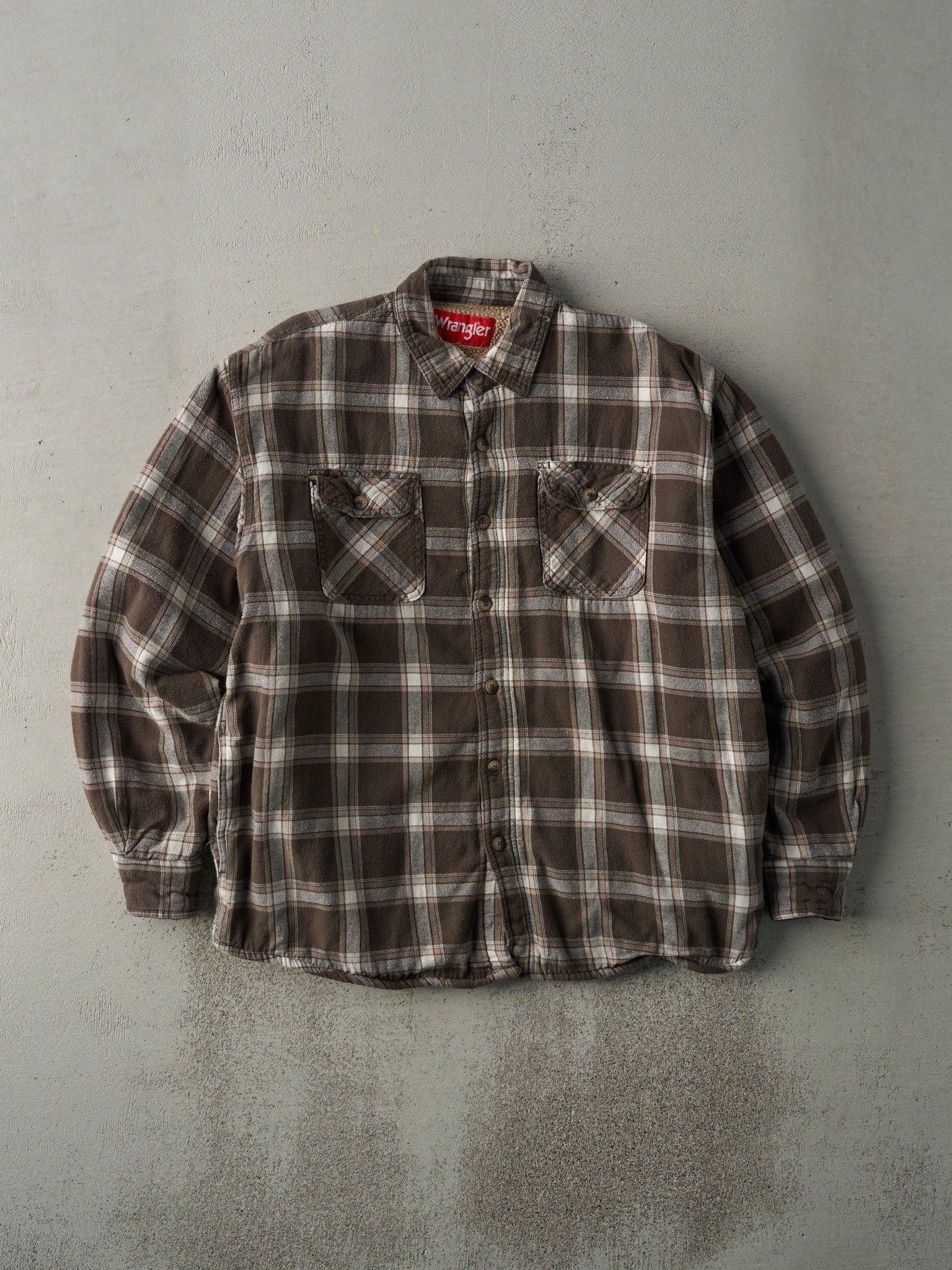 Vintage Y2K Brown Sherpa Lined Wrangler Flannel Button Up Jacket (M)
