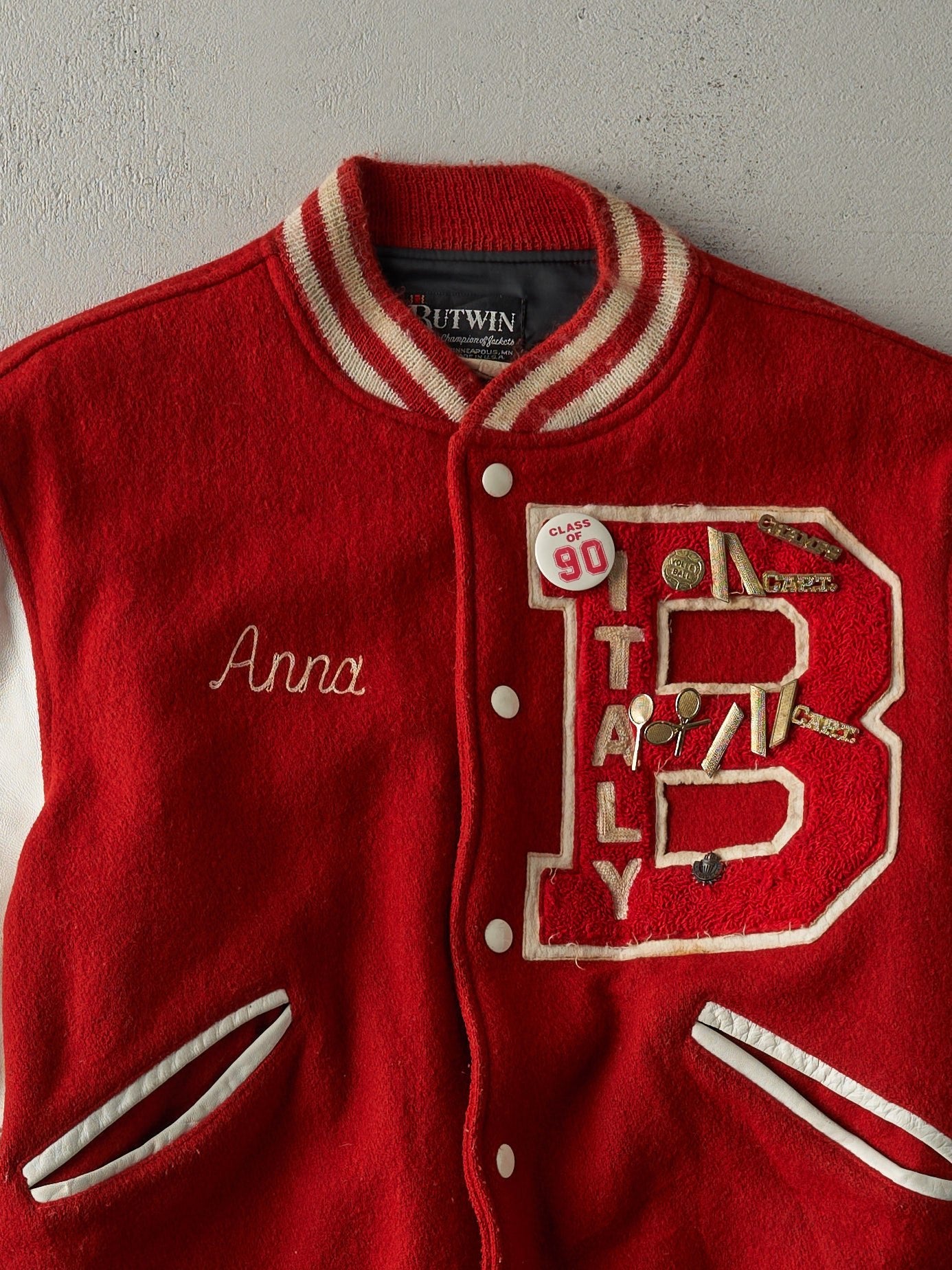 Vintage 90s Red and White Letterman Jacket (S/M)