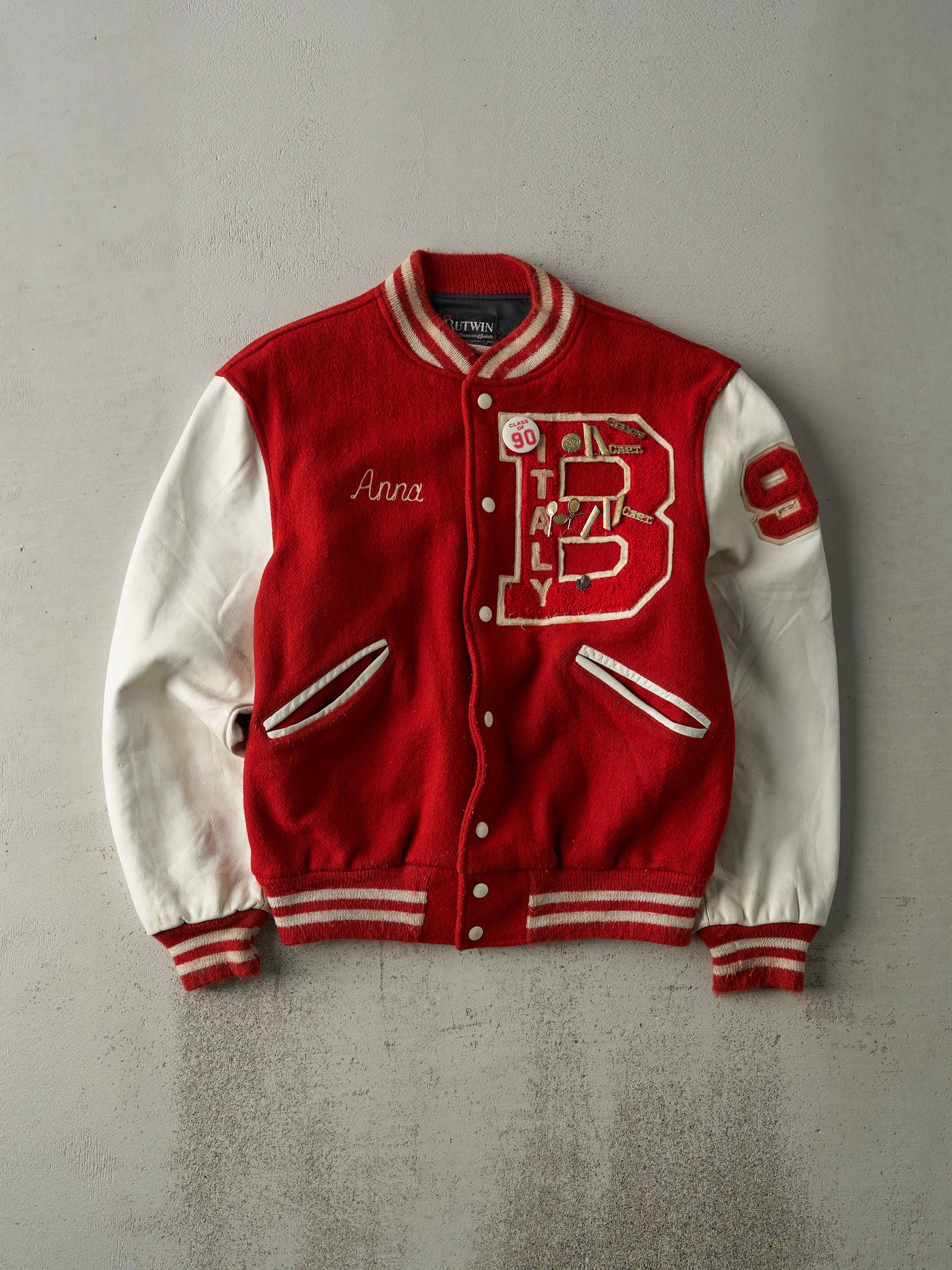 Vintage 90s Red and White Letterman Jacket (S/M)