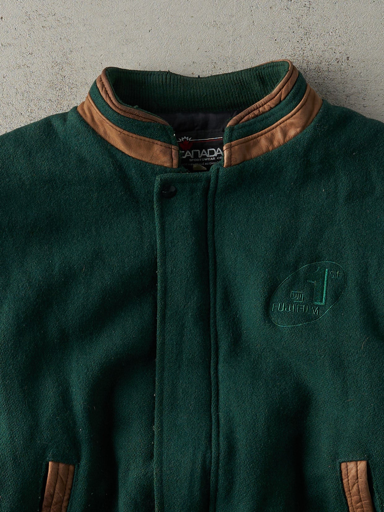 Vintage 90s Forest Green Leather and Wool Embroidered Jacket (M/L)