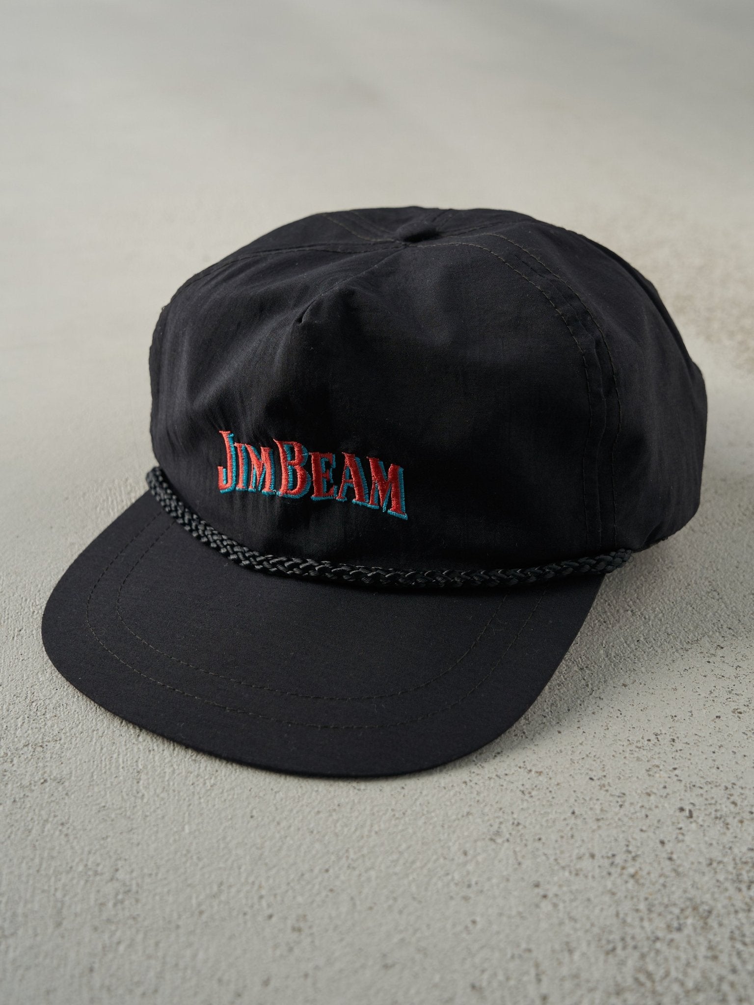 Vintage 80s Black Jim Beam Embroidered Snapback Hat