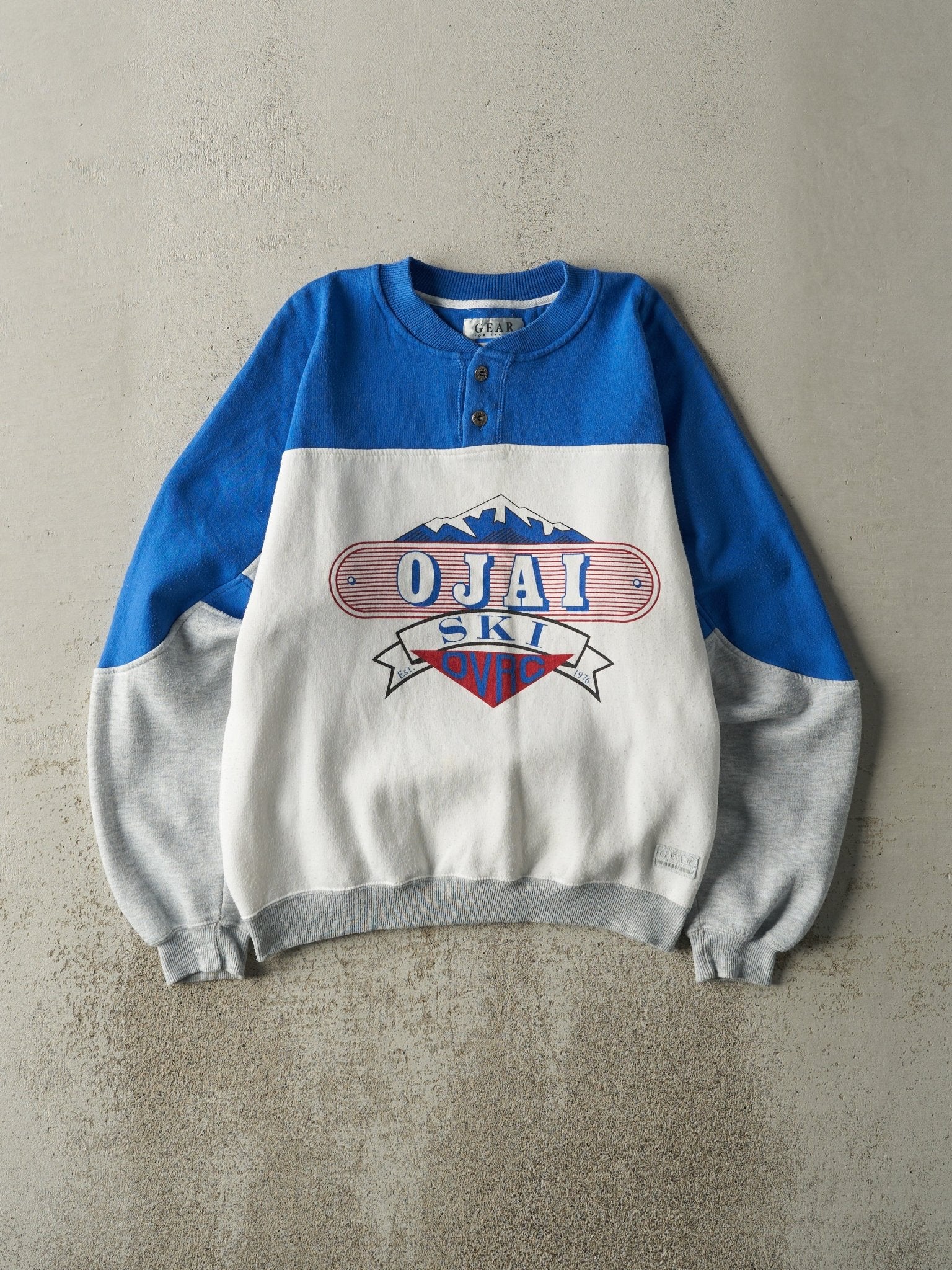 Vintage 90s Blue, Grey & White Ojai Ski Quarter Button Crewneck (M)