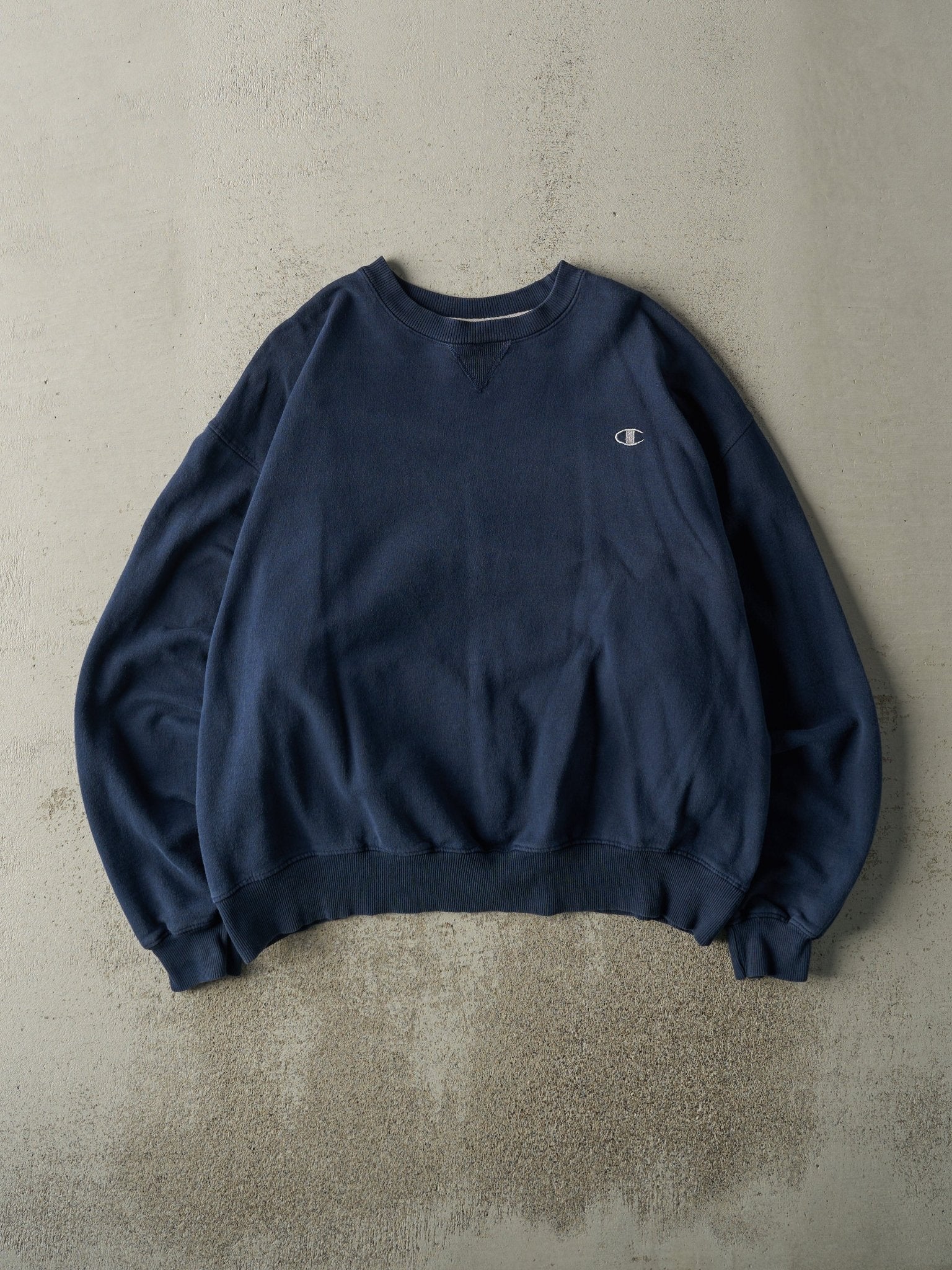 Vintage Y2K Navy Blue Embroidered Champion Boxy Crewneck (L/XL)