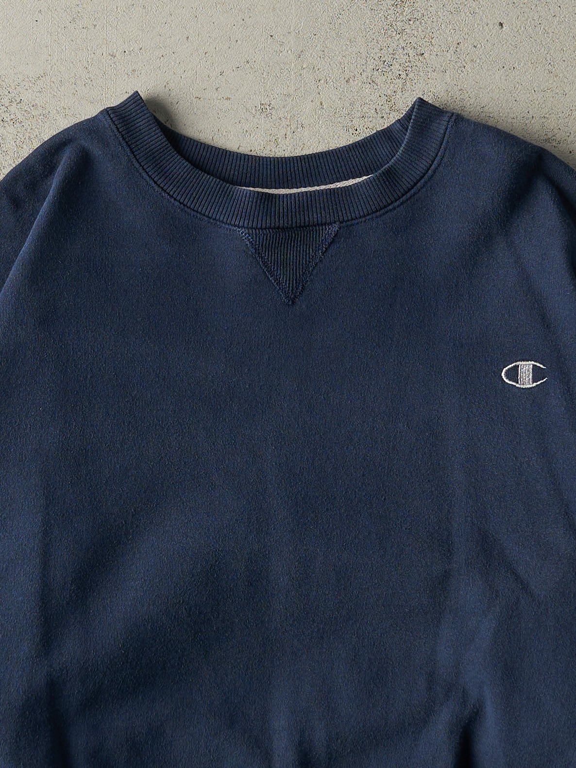 Vintage Y2K Navy Blue Embroidered Champion Boxy Crewneck (L/XL)