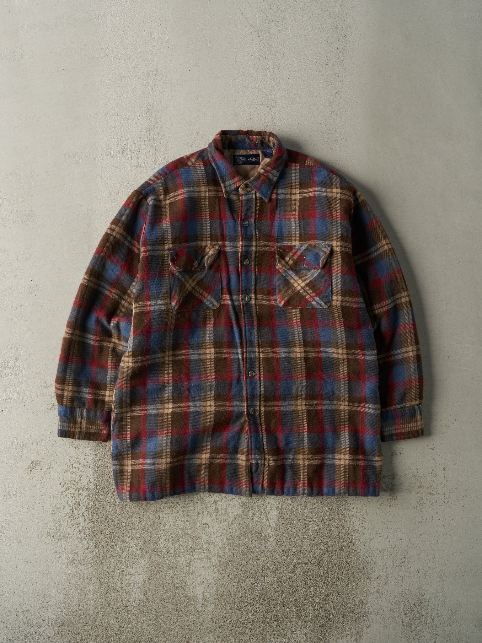 Vintage 90s Red, Blue & Brown Quilt Lined Plaid Button Up (XL)