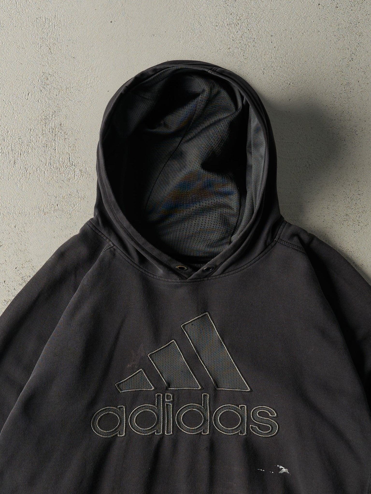 Vintage Y2K Faded Black Embroidered Adidas Hoodie (XXXL)