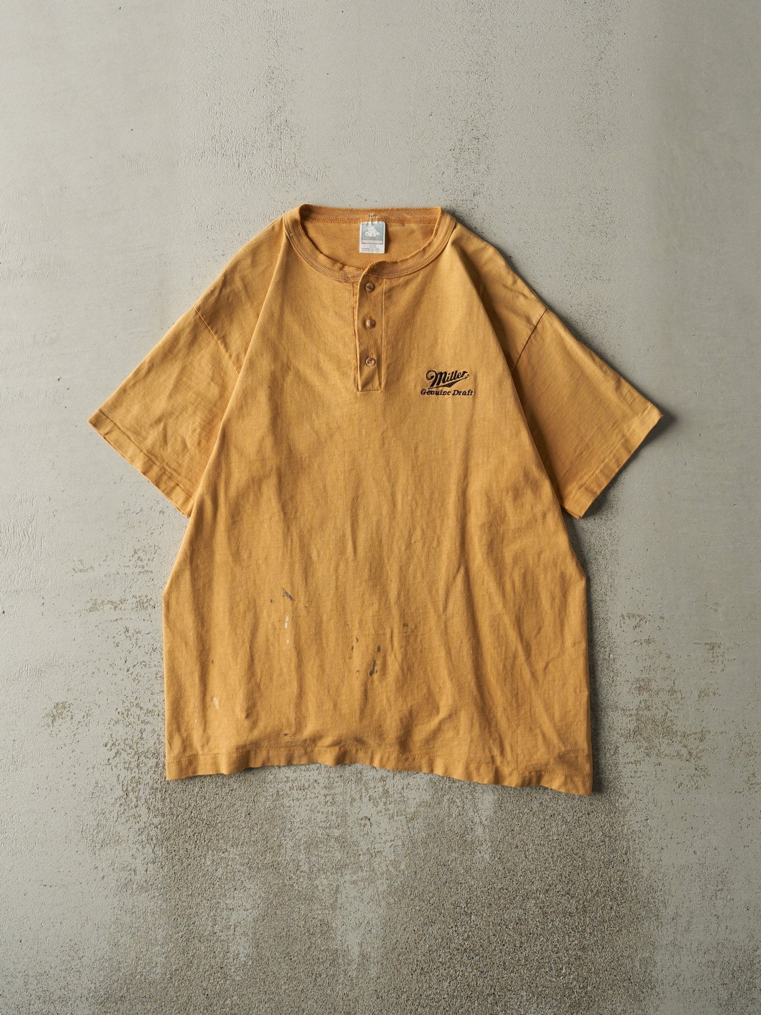 Vintage 90s Yellow Miller Genuine Draft Embroidered Quarter Button Tee (M)