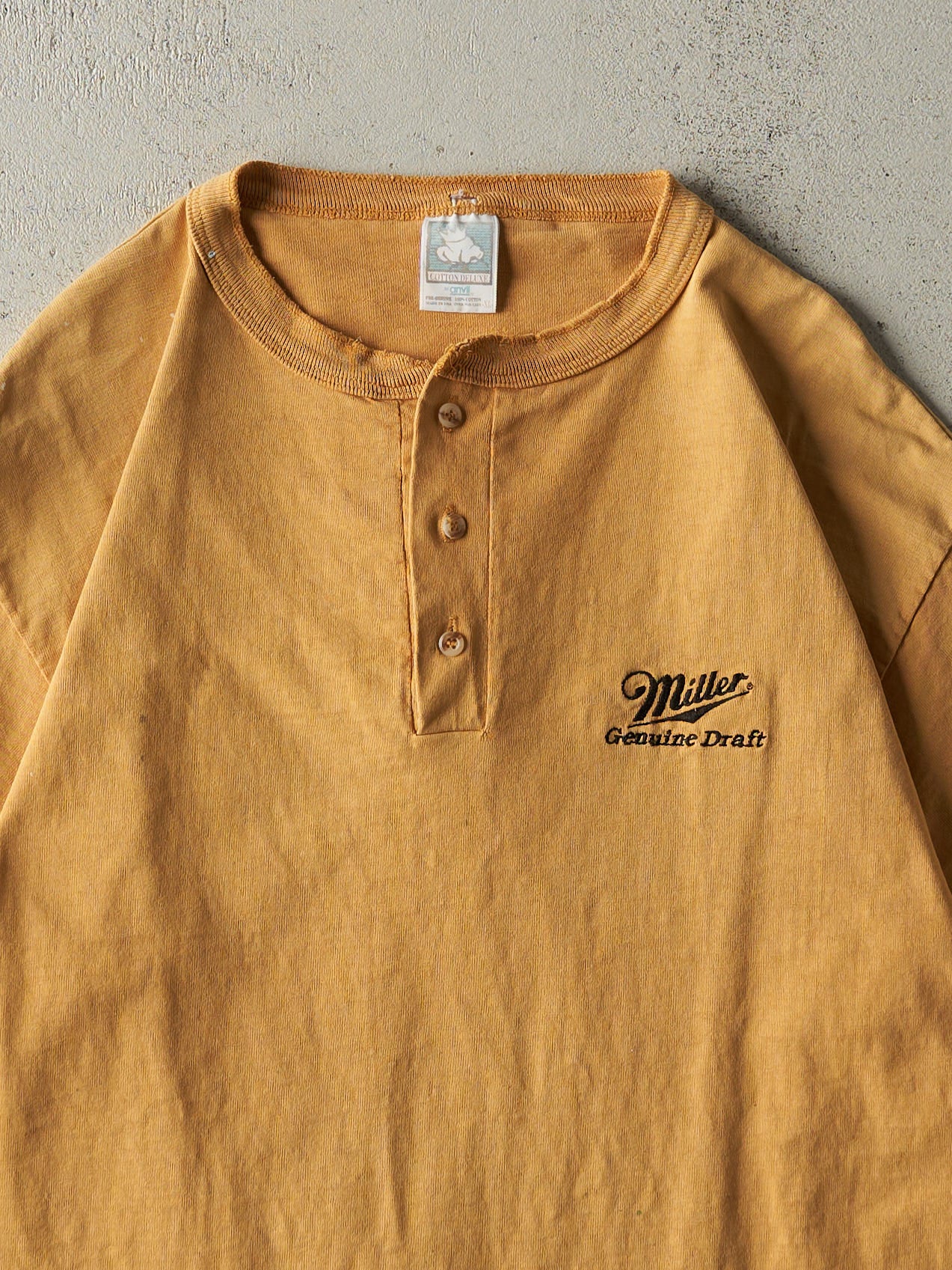 Vintage 90s Yellow Miller Genuine Draft Embroidered Quarter Button Tee (M)