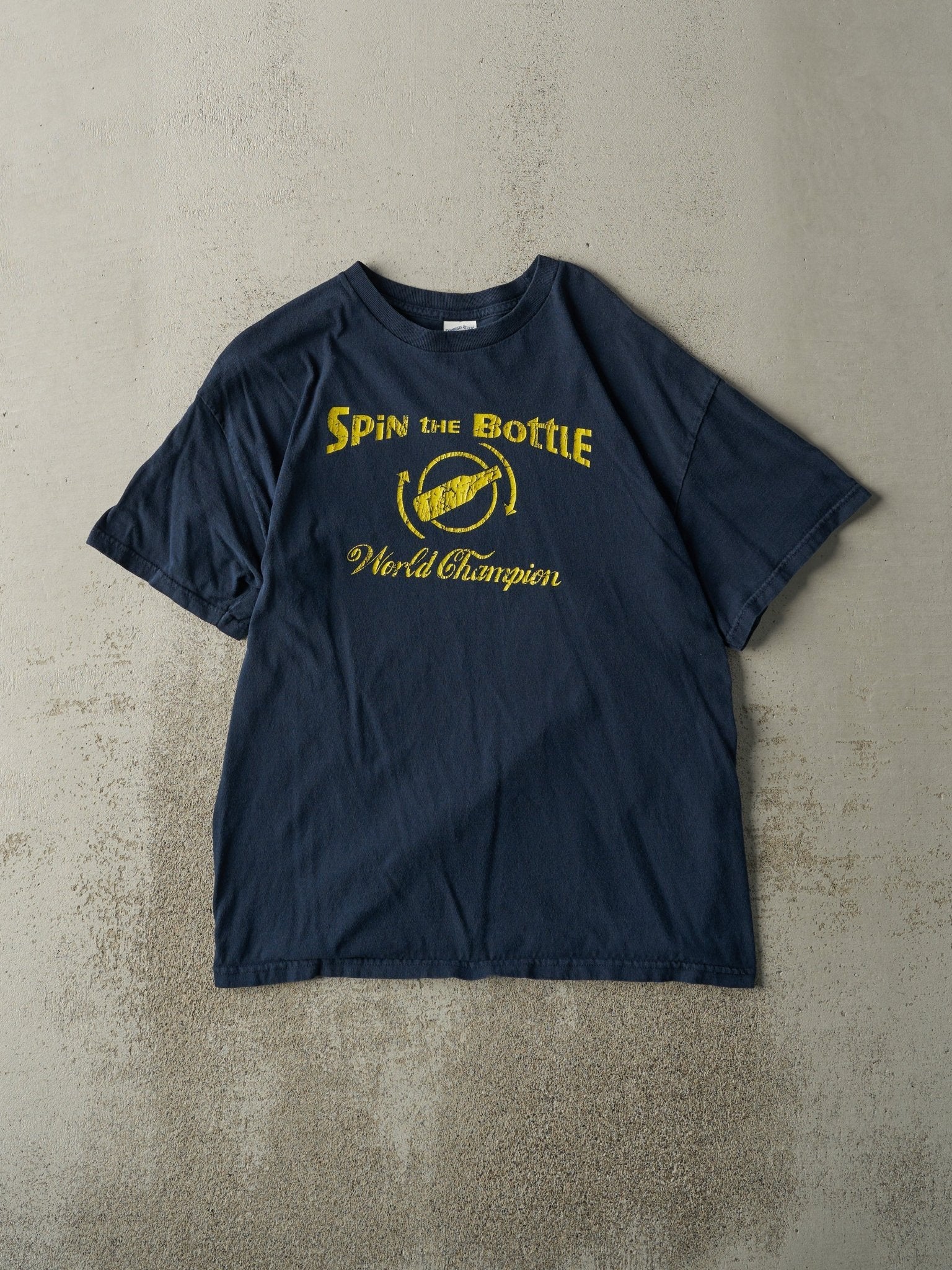 Vintage Y2K Navy Blue Spin the Bottle World Champion Tee (M)