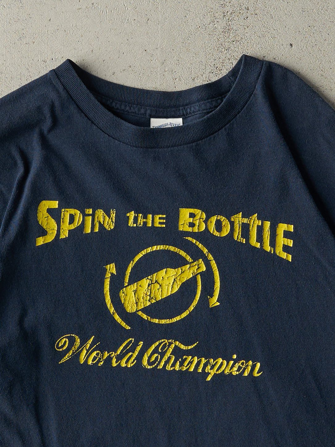 Vintage Y2K Navy Blue Spin the Bottle World Champion Tee (M)