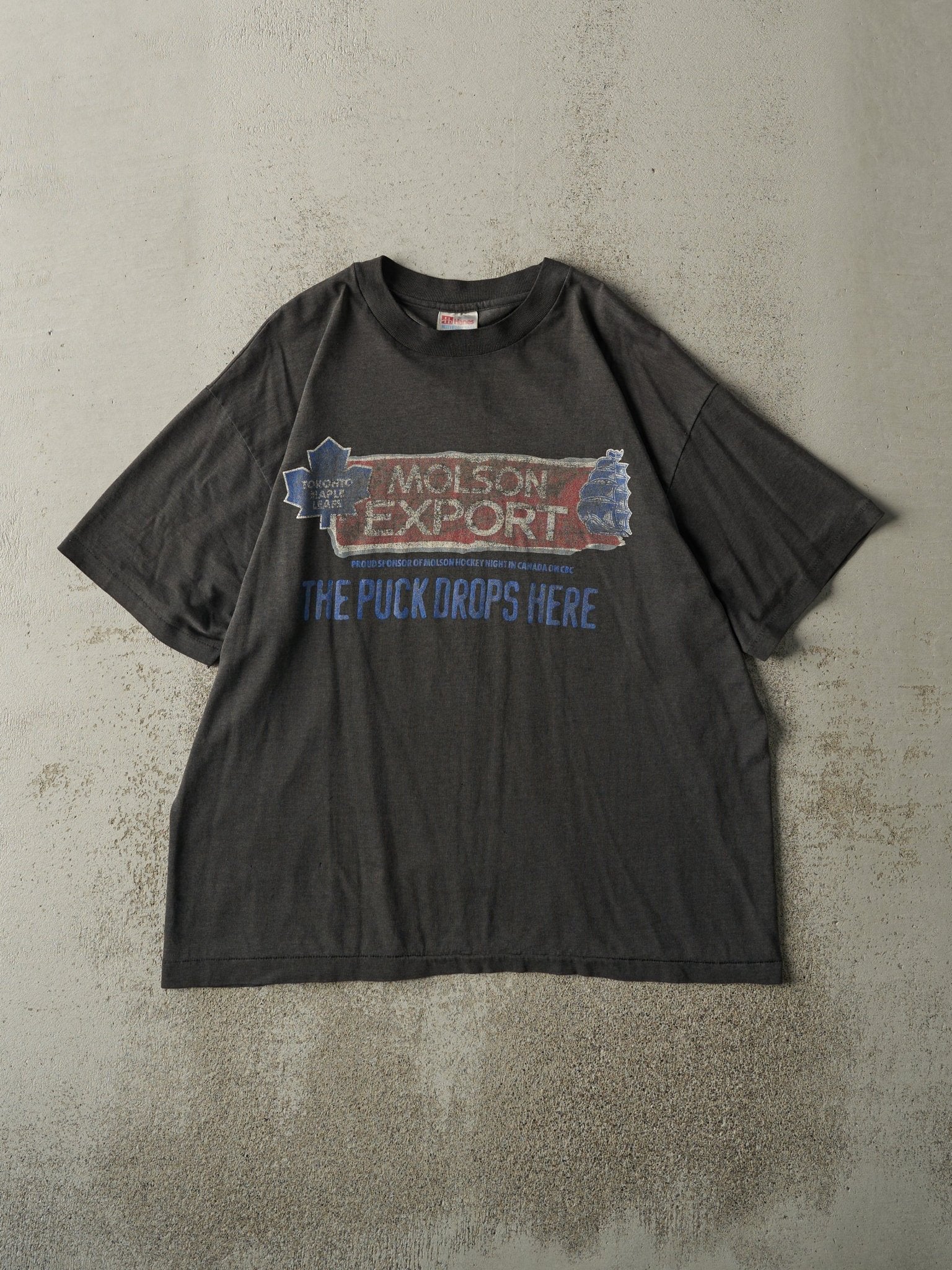 Vintage 90s Faded Black Molson Export Toronto Maple Leafs Single Stitch Tee (L)