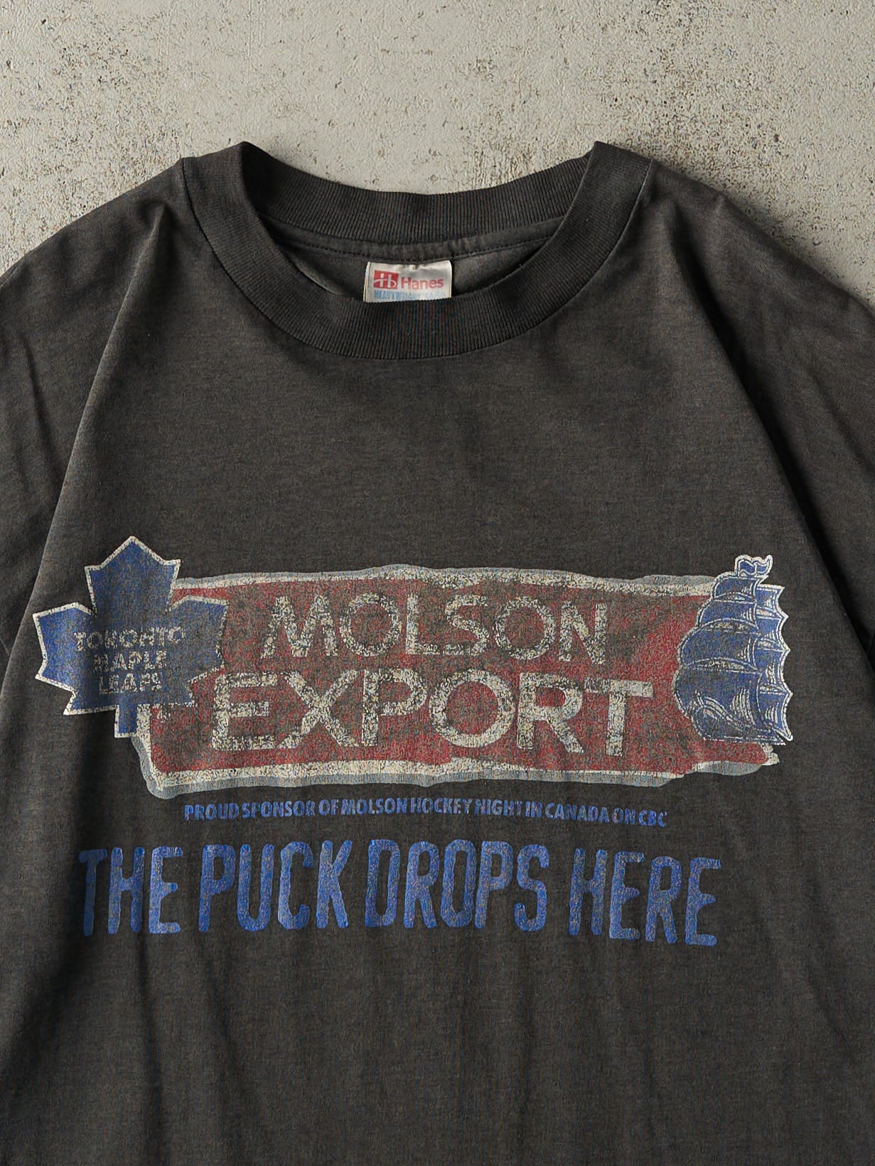 Vintage 90s Faded Black Molson Export Toronto Maple Leafs Single Stitch Tee (L)