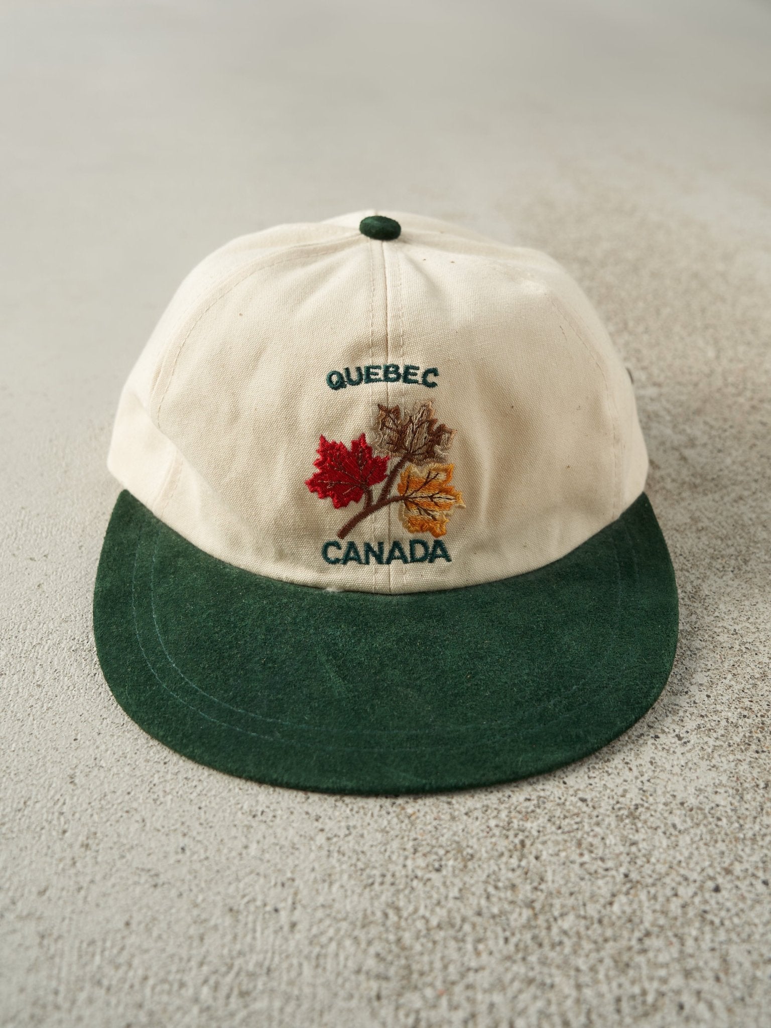 Vintage 90s Beige & Green Embroidered Quebec Canada Leather Strapback