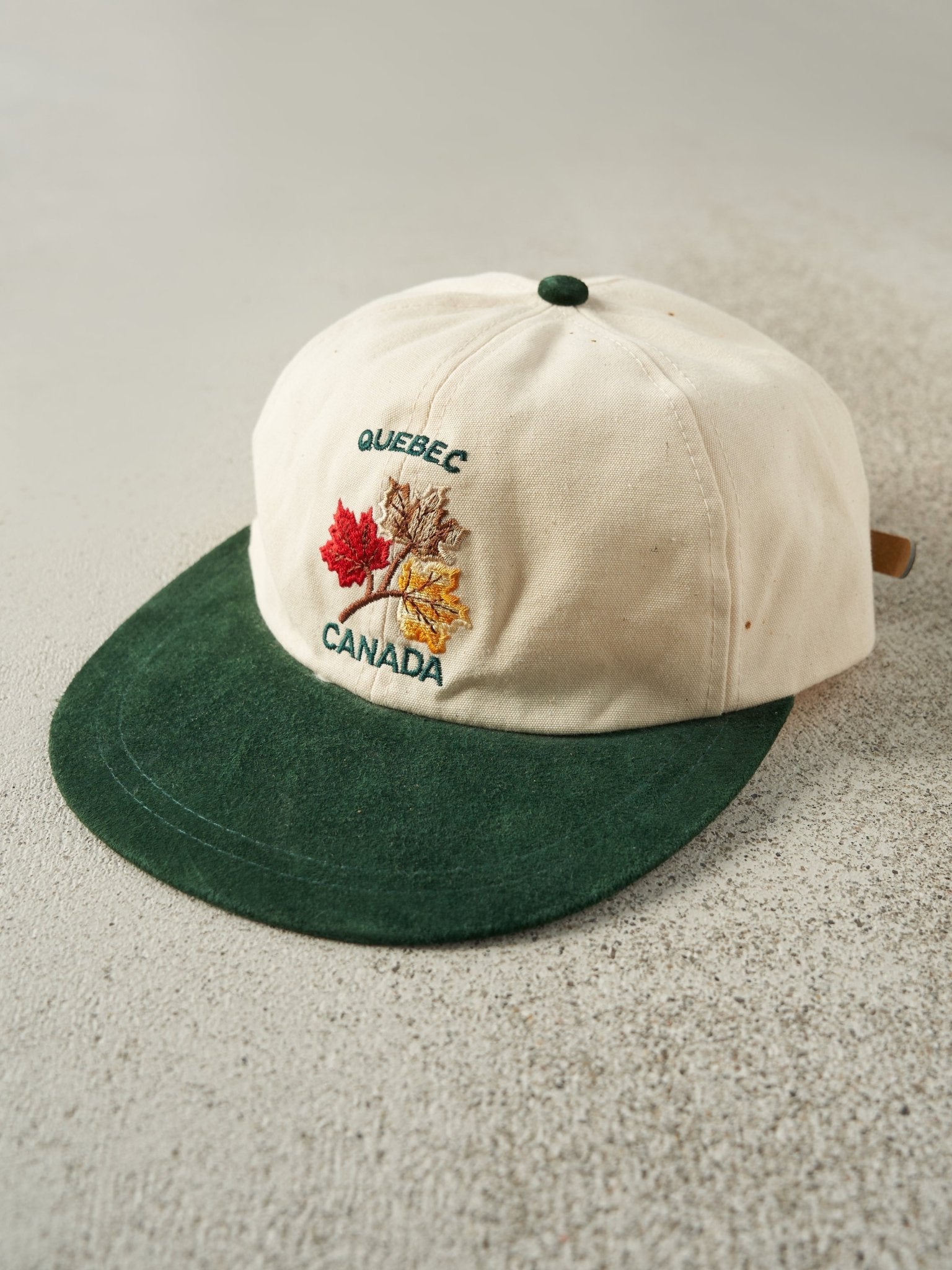 Vintage 90s Beige & Green Embroidered Quebec Canada Leather Strapback