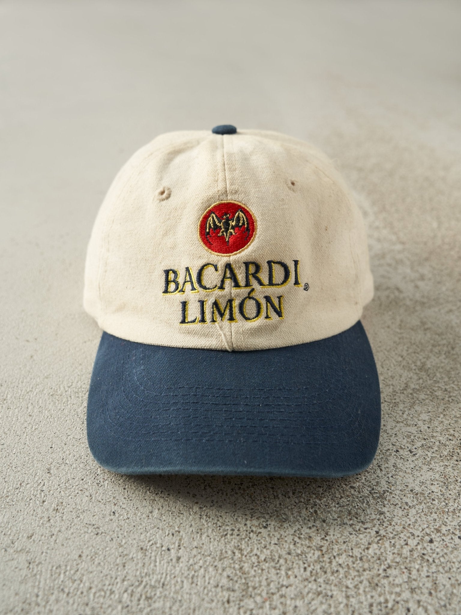Vintage 90s Beige & Navy Bacardi Limon Leather Strapback