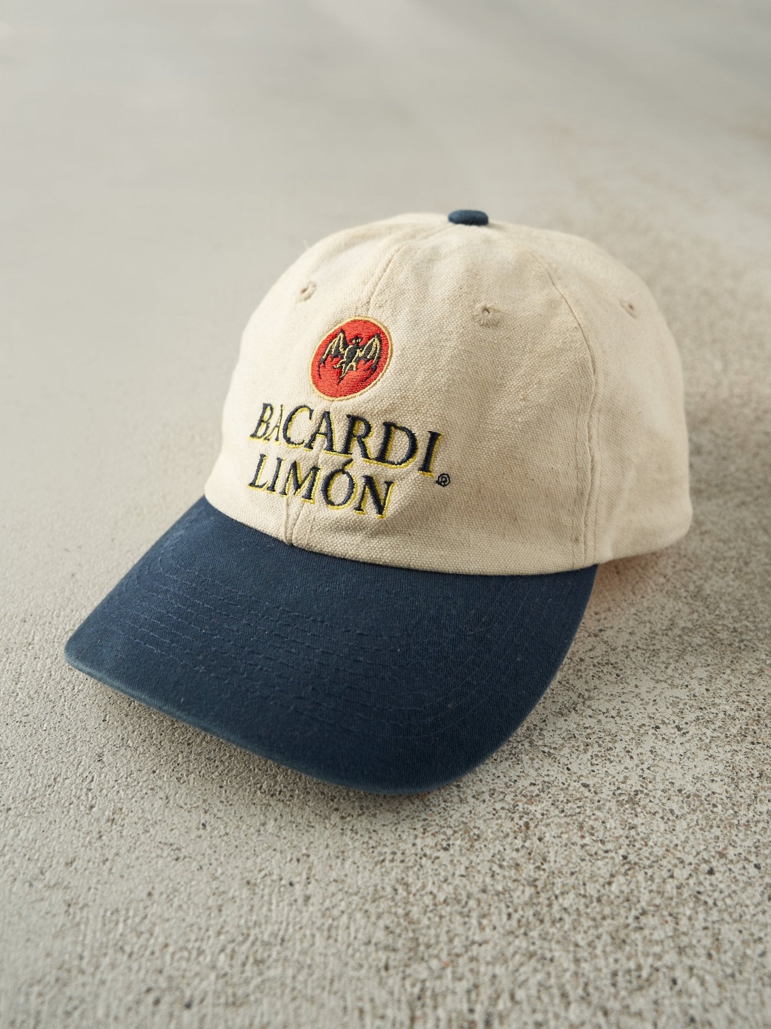 Vintage 90s Beige & Navy Bacardi Limon Leather Strapback